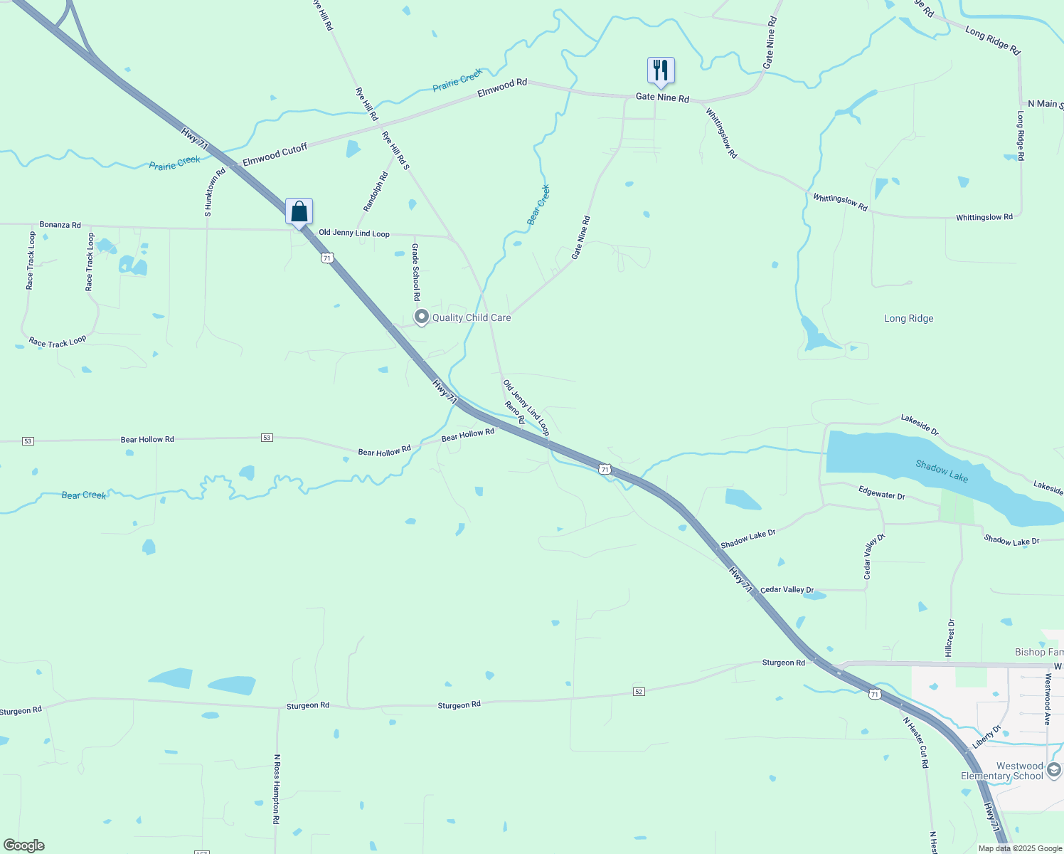 map of restaurants, bars, coffee shops, grocery stores, and more near 15727 Reno Road in Greenwood