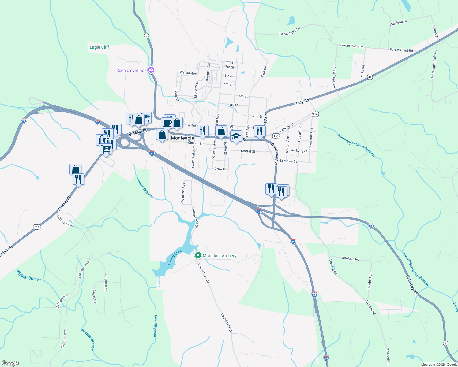 map of restaurants, bars, coffee shops, grocery stores, and more near 420 Spring St in Monteagle