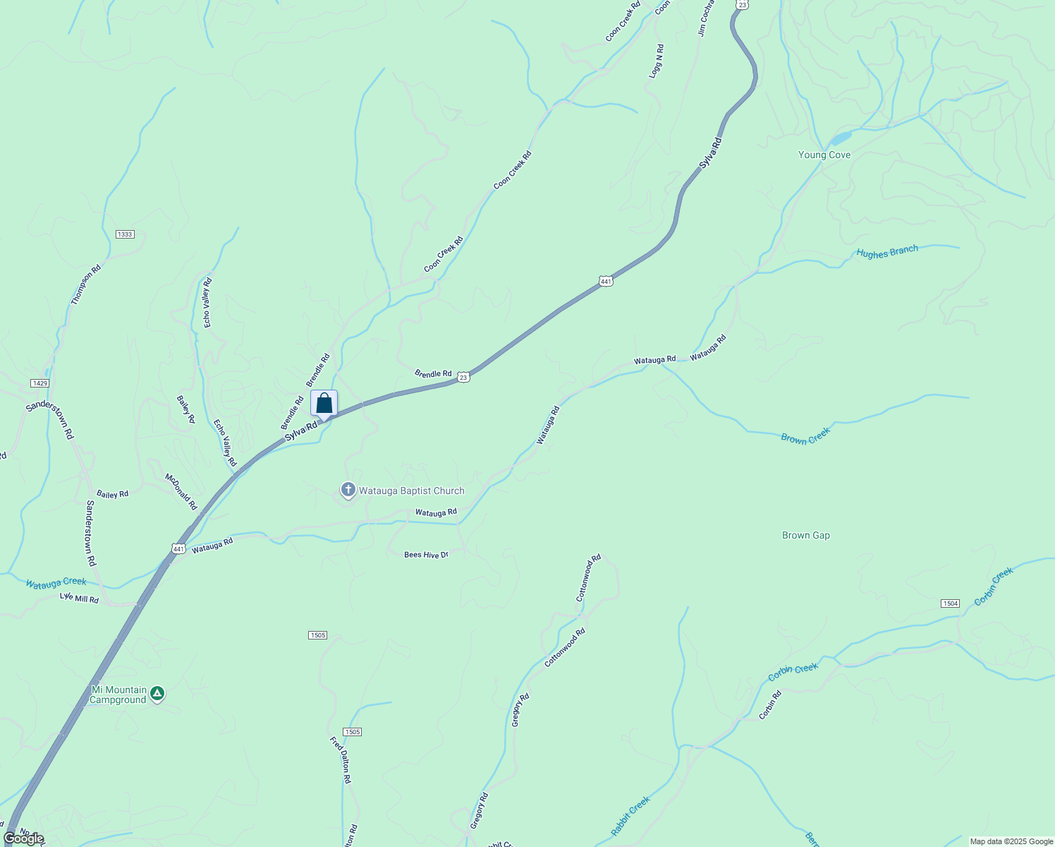map of restaurants, bars, coffee shops, grocery stores, and more near Watauga Road in Franklin