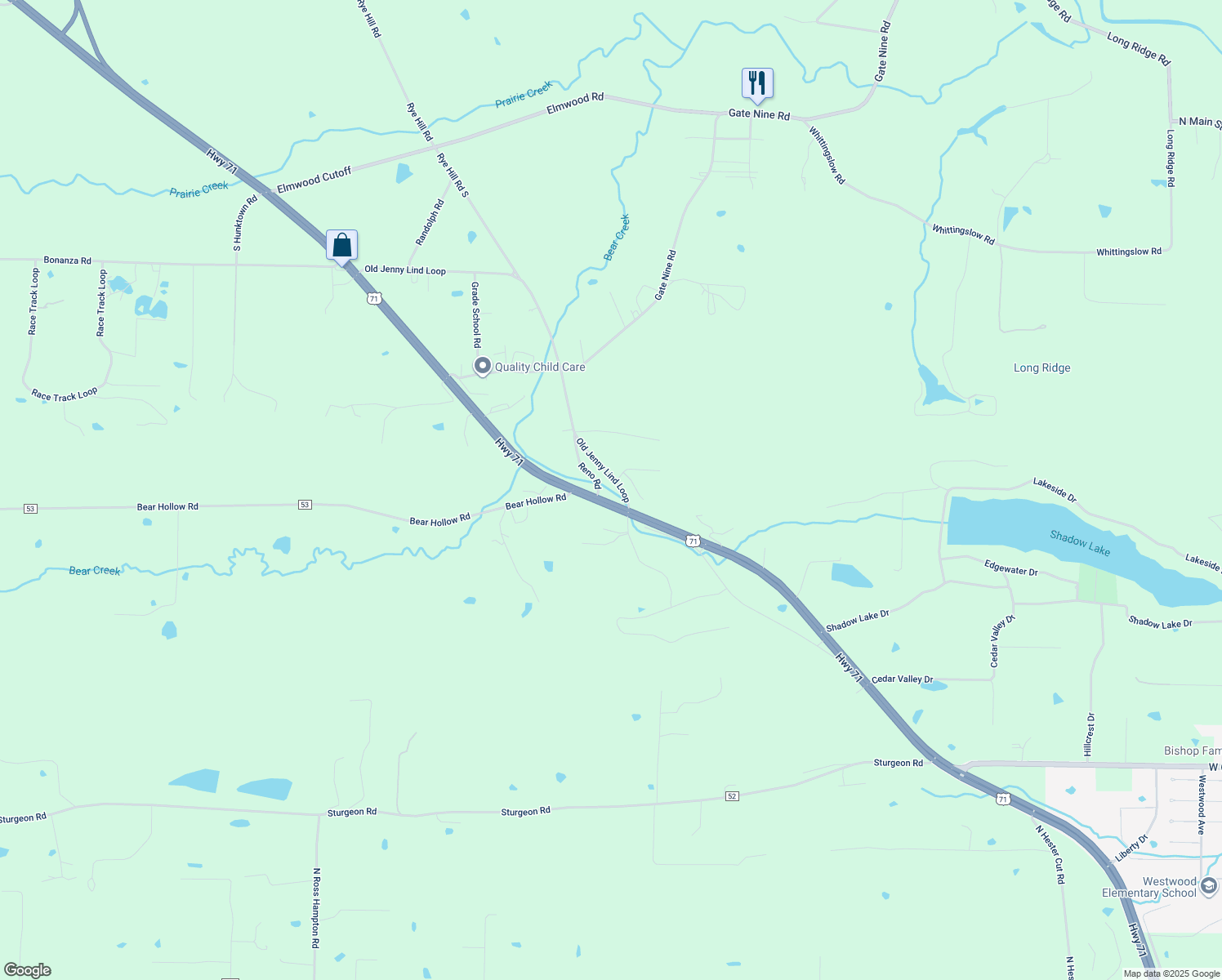 map of restaurants, bars, coffee shops, grocery stores, and more near 15727 Reno Road in Greenwood