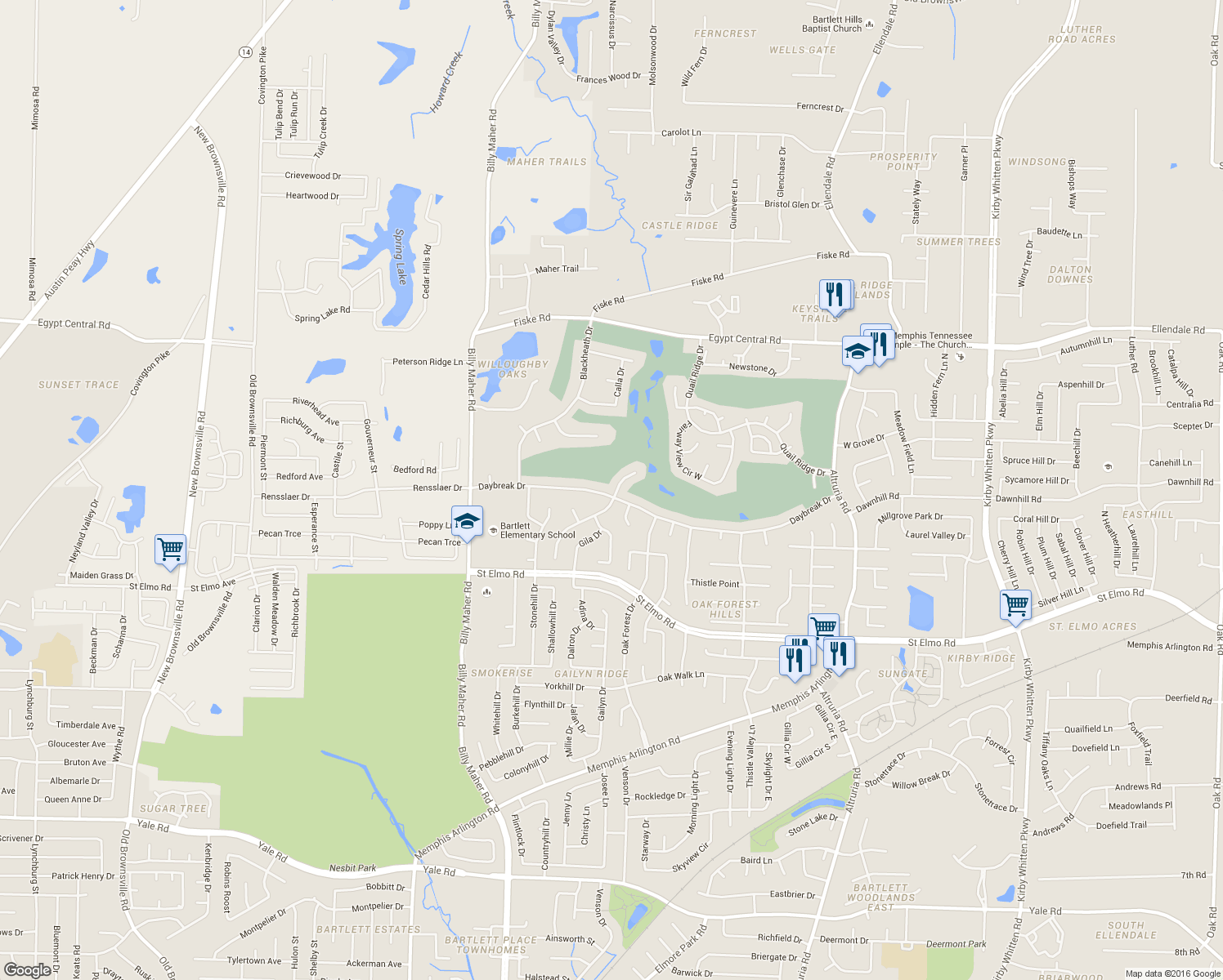 map of restaurants, bars, coffee shops, grocery stores, and more near 6170 Daybreak Drive in Bartlett