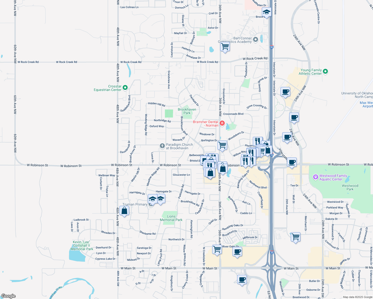 map of restaurants, bars, coffee shops, grocery stores, and more near 1319 Brookdale Dr in Norman