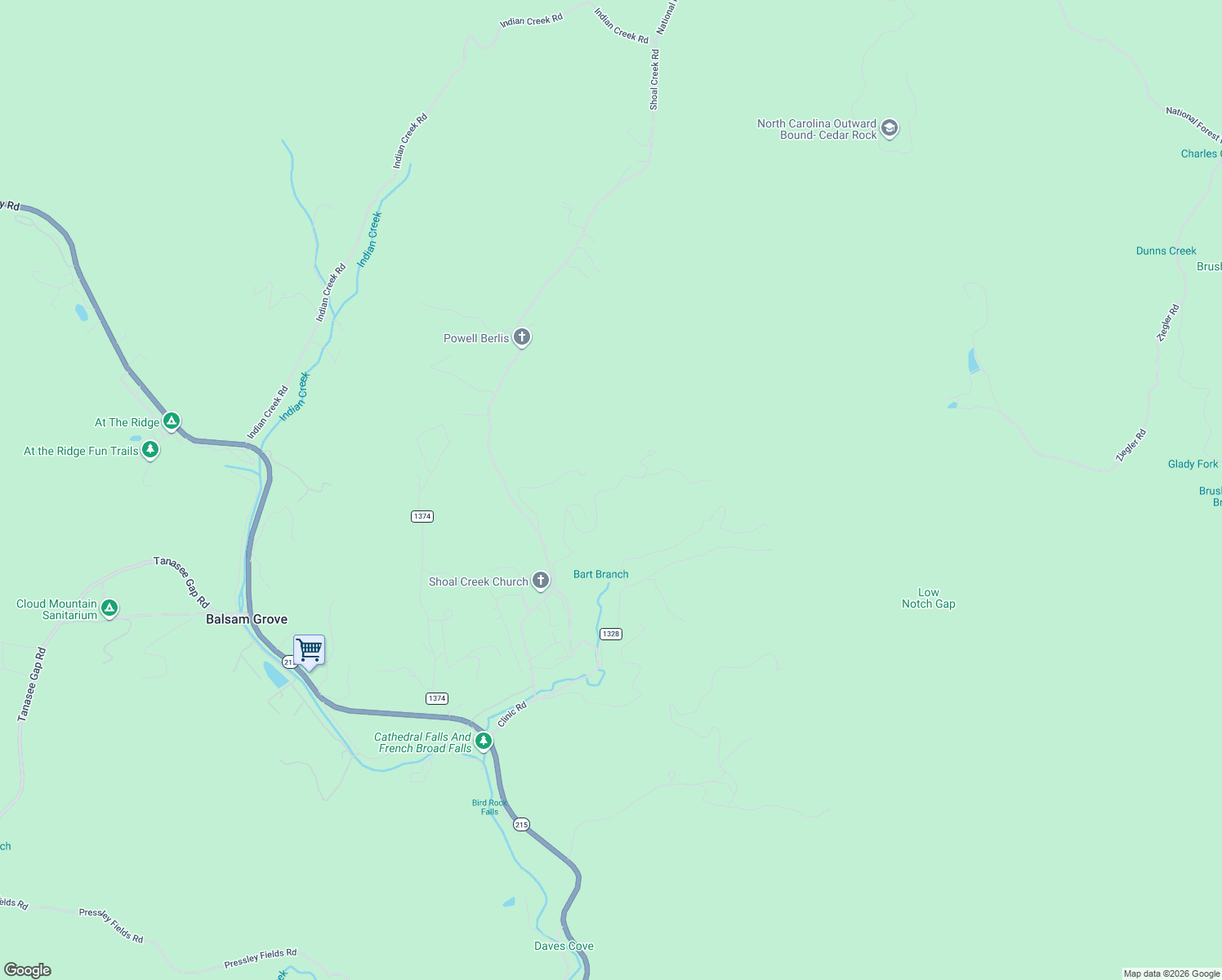 map of restaurants, bars, coffee shops, grocery stores, and more near in Balsam Grove