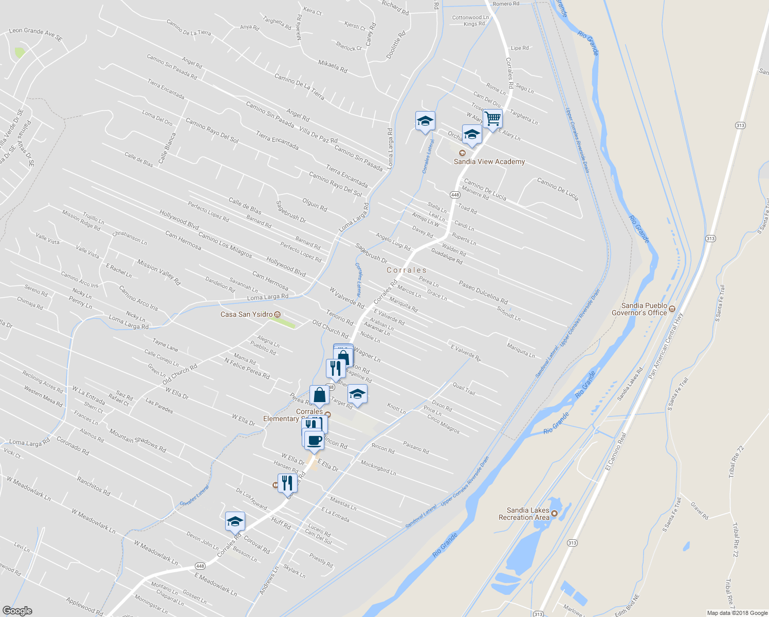 map of restaurants, bars, coffee shops, grocery stores, and more near 5314 Corrales Road in Corrales