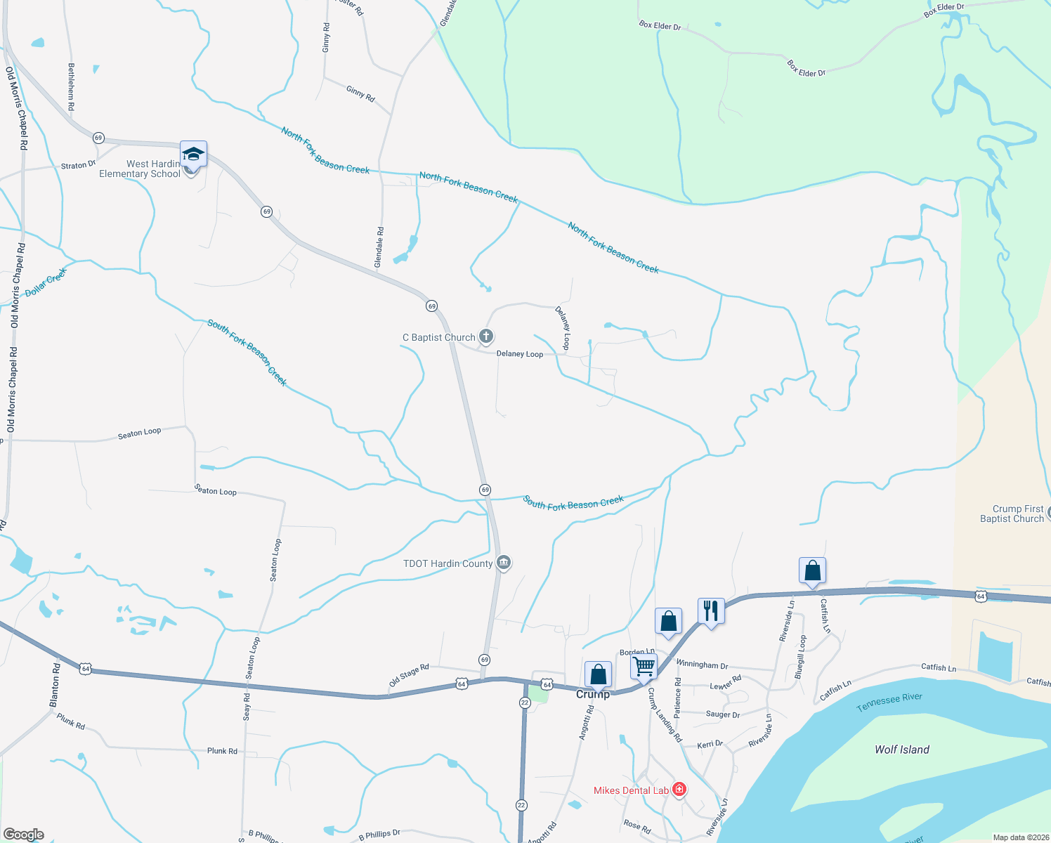 map of restaurants, bars, coffee shops, grocery stores, and more near 180 Delaney Loop in Adamsville