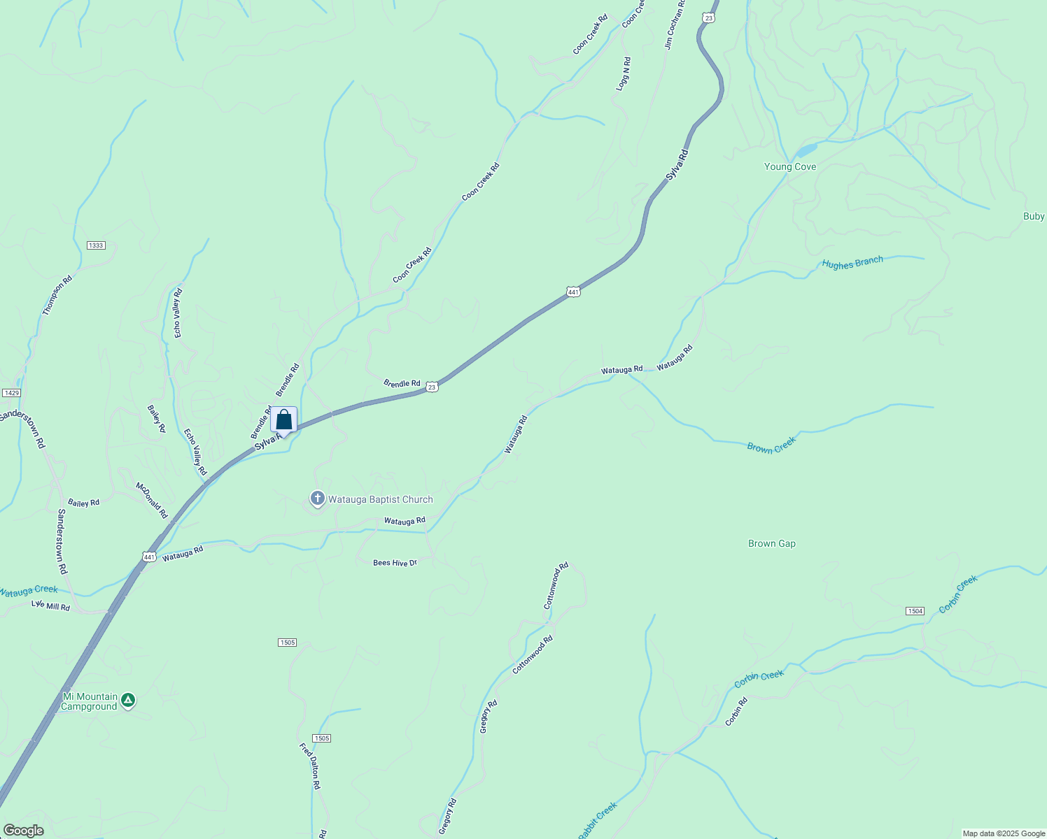 map of restaurants, bars, coffee shops, grocery stores, and more near Watauga Road in Franklin