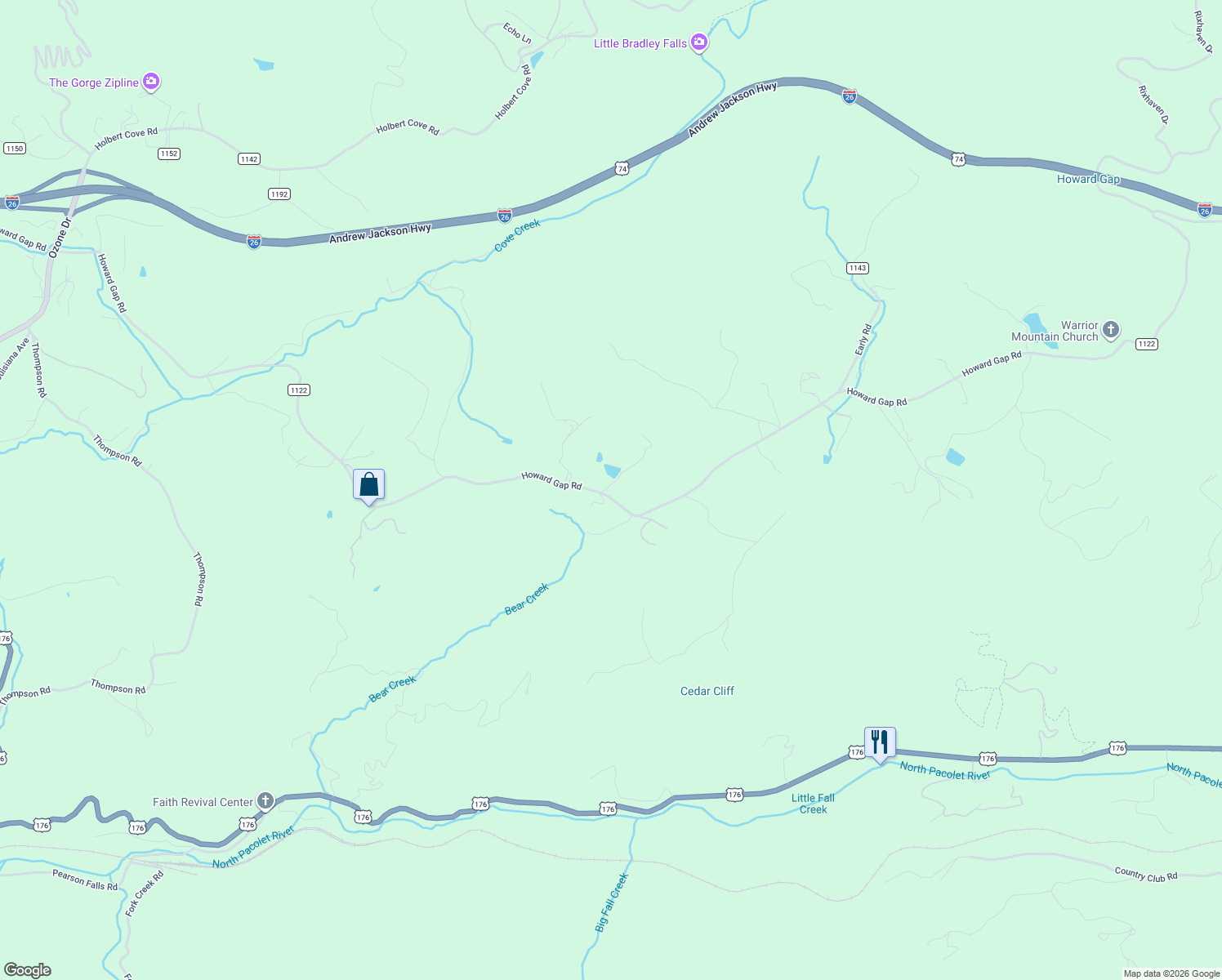map of restaurants, bars, coffee shops, grocery stores, and more near 32 Woodpecker Lane in Saluda