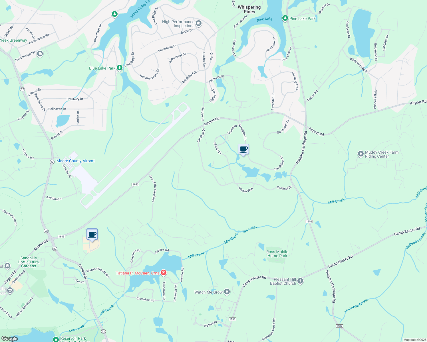 map of restaurants, bars, coffee shops, grocery stores, and more near 31 Cardinal Drive in Whispering Pines