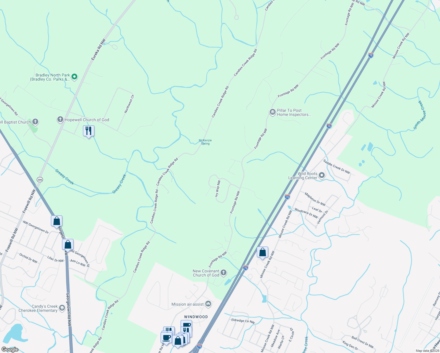 map of restaurants, bars, coffee shops, grocery stores, and more near 184 Ivy Way Northwest in Cleveland