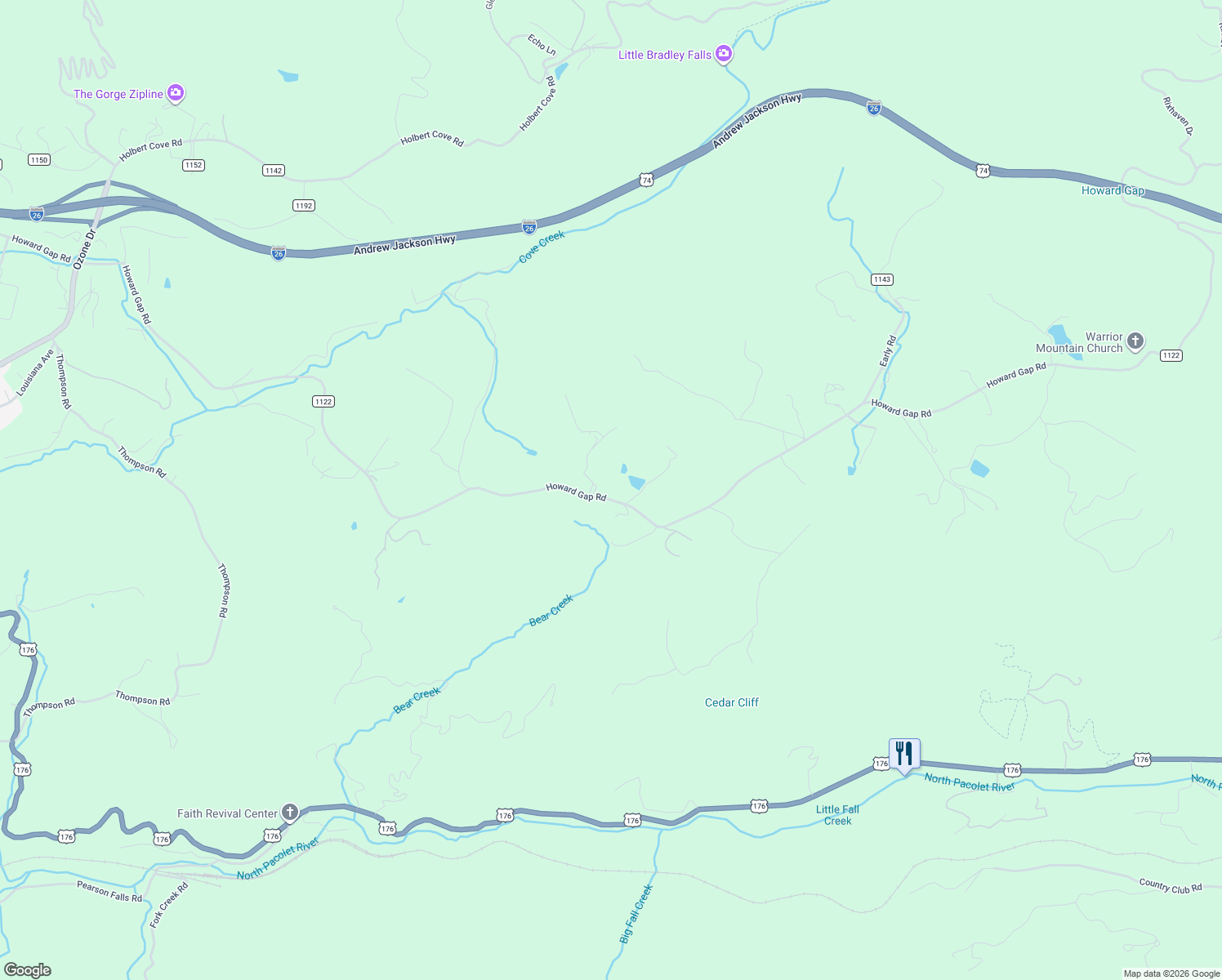 map of restaurants, bars, coffee shops, grocery stores, and more near 32 Woodpecker Lane in Saluda