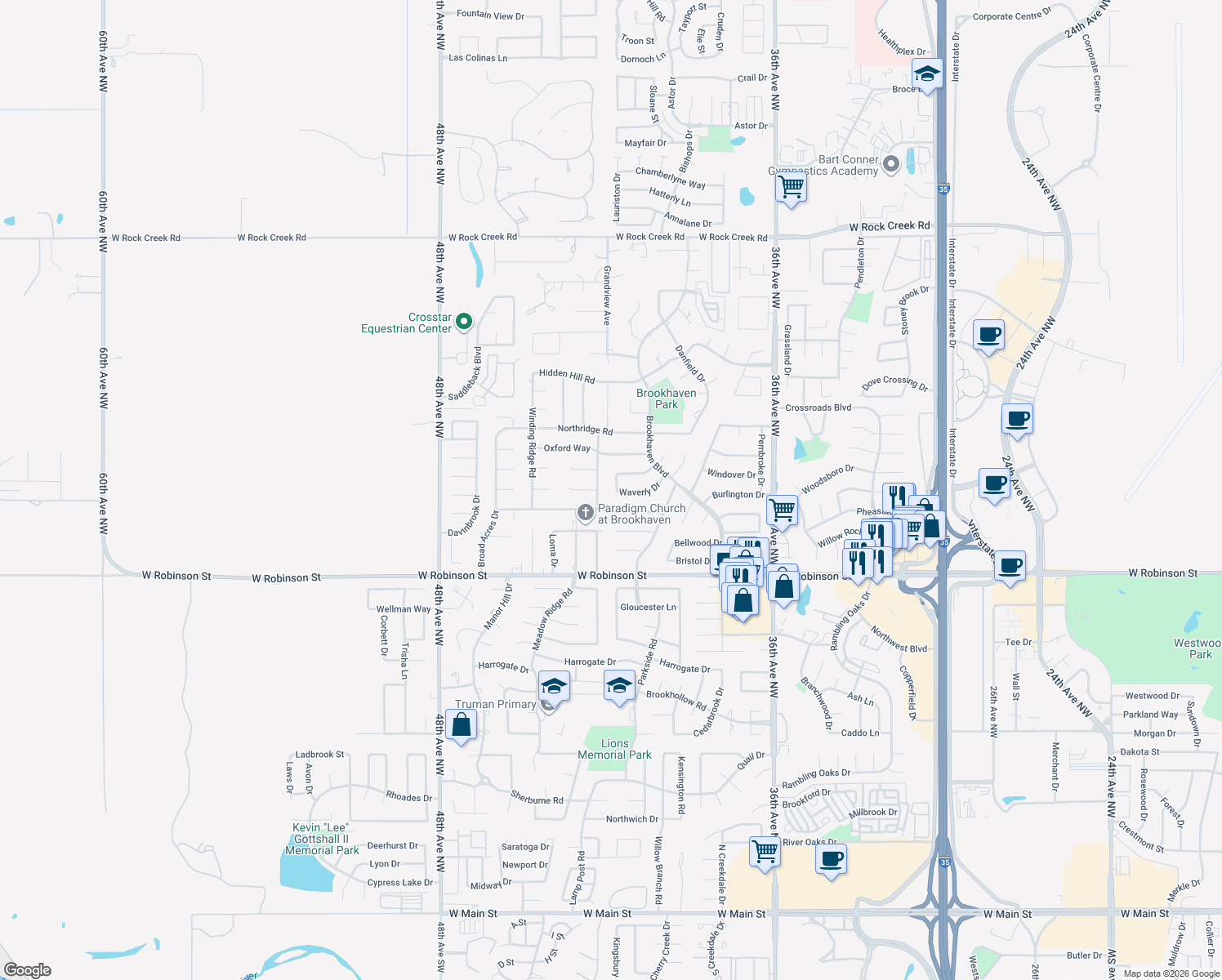 map of restaurants, bars, coffee shops, grocery stores, and more near 3966 Waverly Dr in Norman