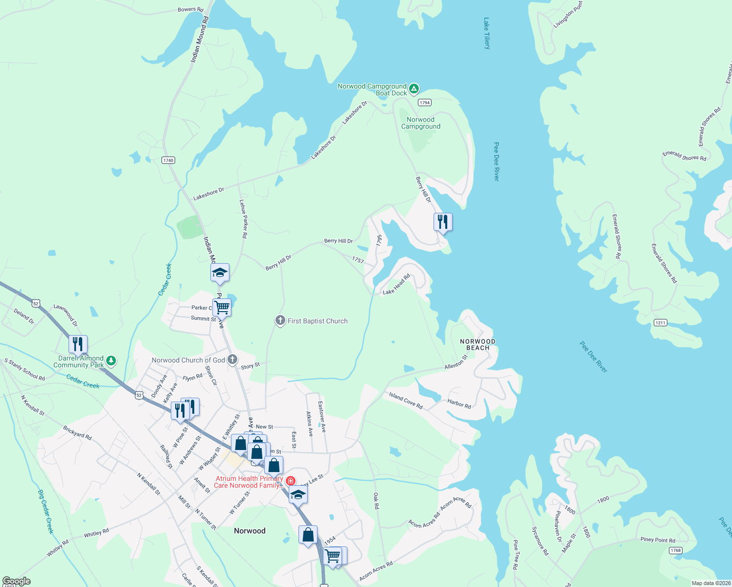 map of restaurants, bars, coffee shops, grocery stores, and more near 366 Lake Head Road in Norwood