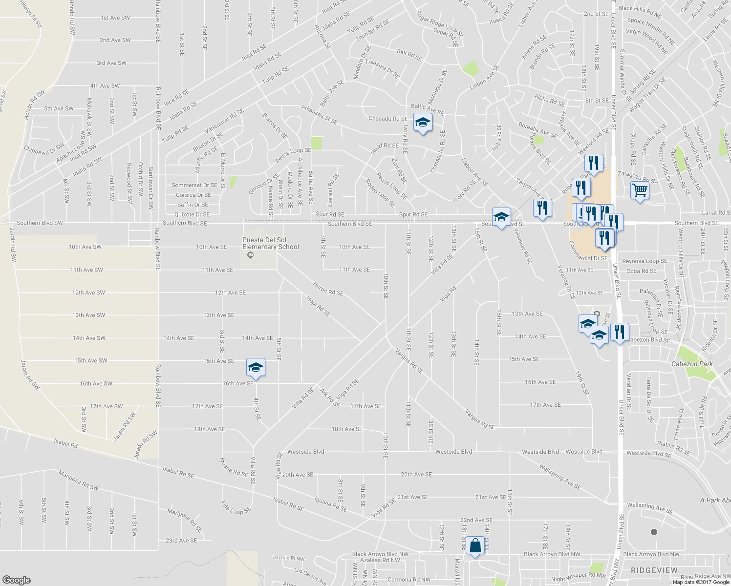map of restaurants, bars, coffee shops, grocery stores, and more near 901 12th Avenue Southeast in Rio Rancho