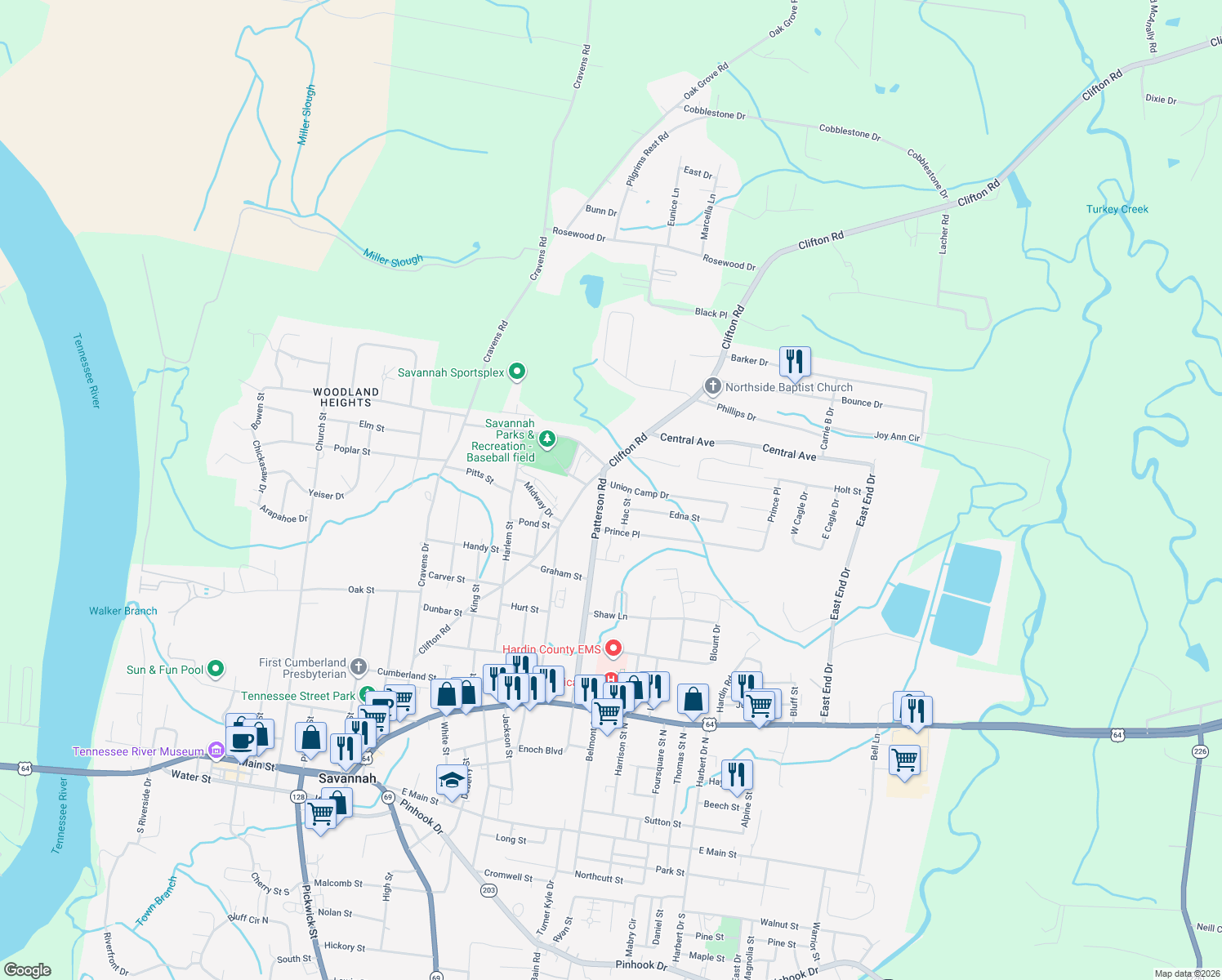 map of restaurants, bars, coffee shops, grocery stores, and more near 650 Patterson Road in Savannah