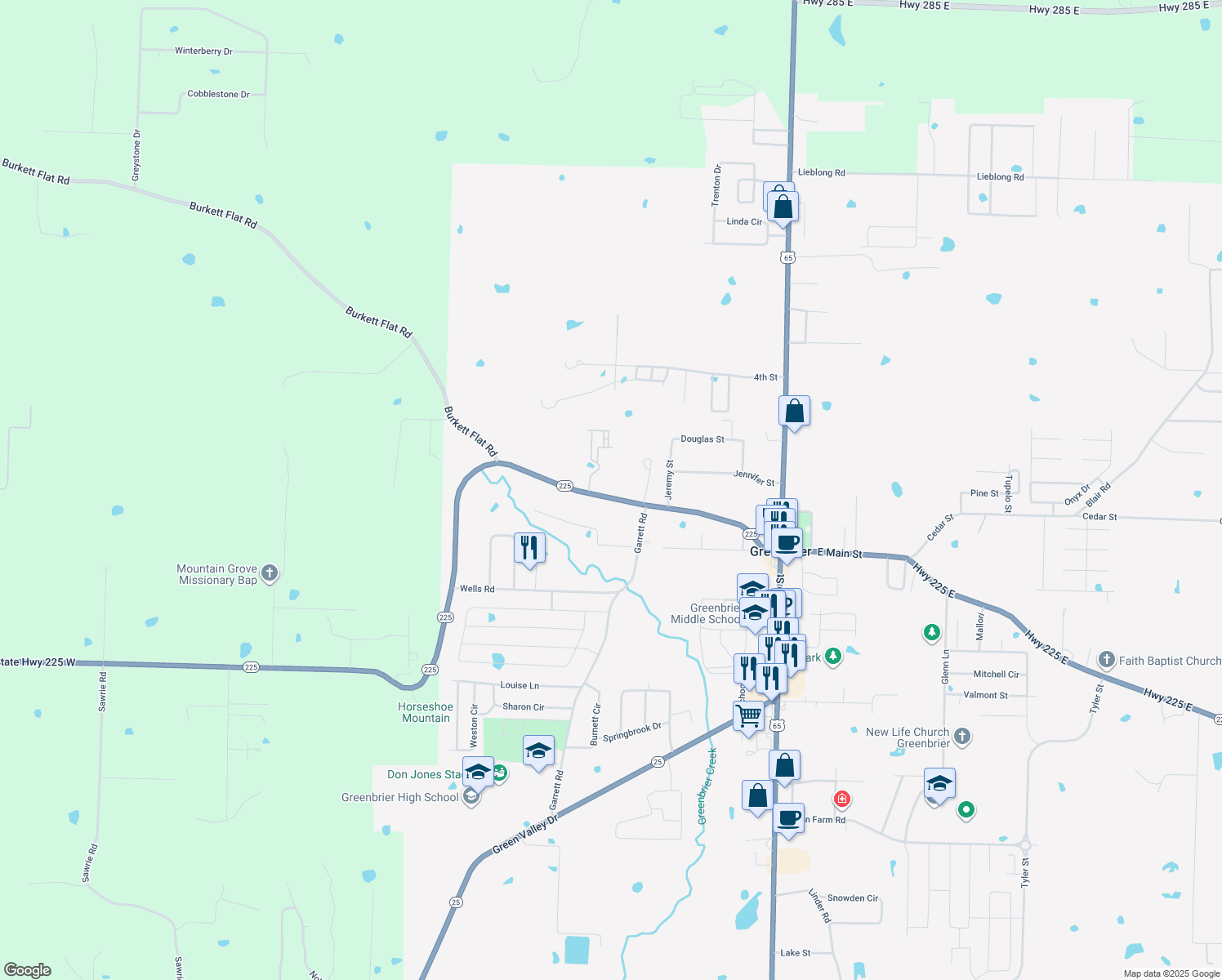 map of restaurants, bars, coffee shops, grocery stores, and more near 44 Mountain Drive in Greenbrier