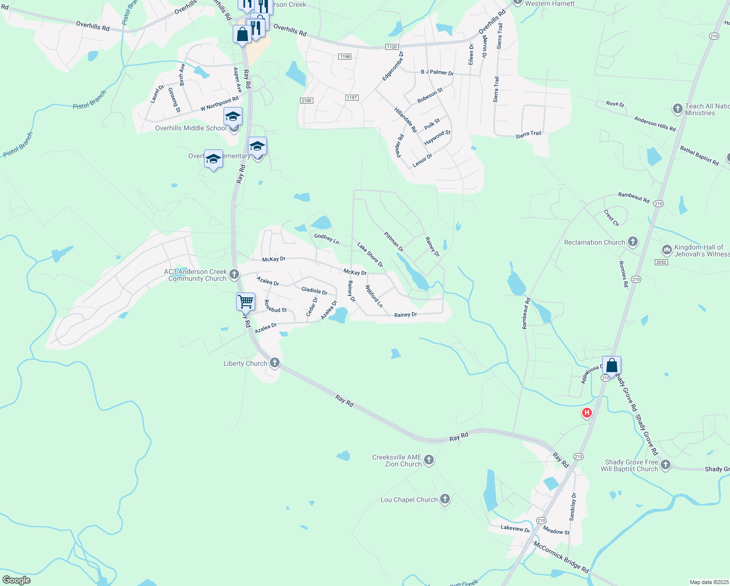 map of restaurants, bars, coffee shops, grocery stores, and more near 88 Williford Lane in Spring Lake