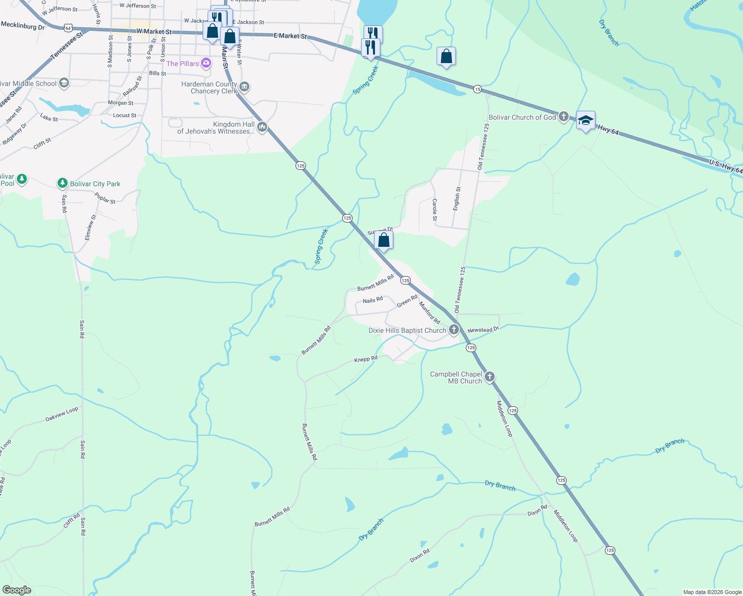 map of restaurants, bars, coffee shops, grocery stores, and more near 160 Nails Road in Bolivar
