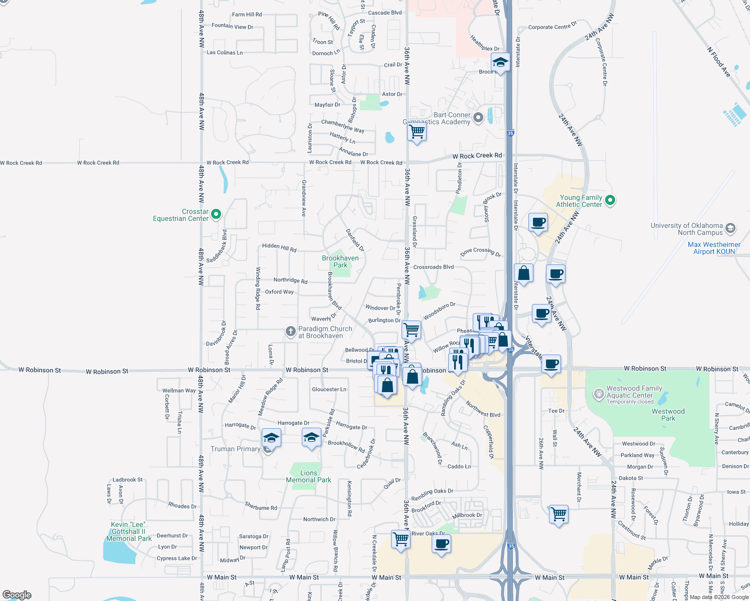 map of restaurants, bars, coffee shops, grocery stores, and more near 3720 Barwick Ct in Norman