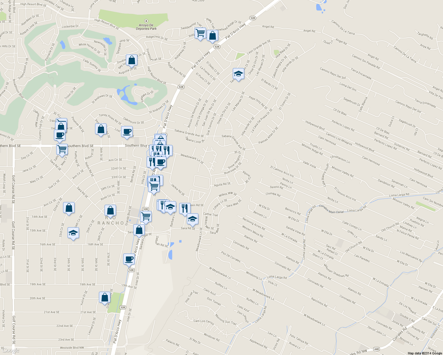 map of restaurants, bars, coffee shops, grocery stores, and more near 4529 Ambrose Alday Loop Southeast in Rio Rancho