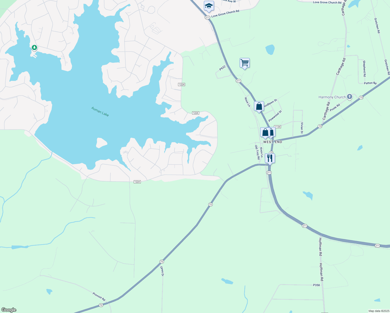 map of restaurants, bars, coffee shops, grocery stores, and more near P3104 in Seven Lakes