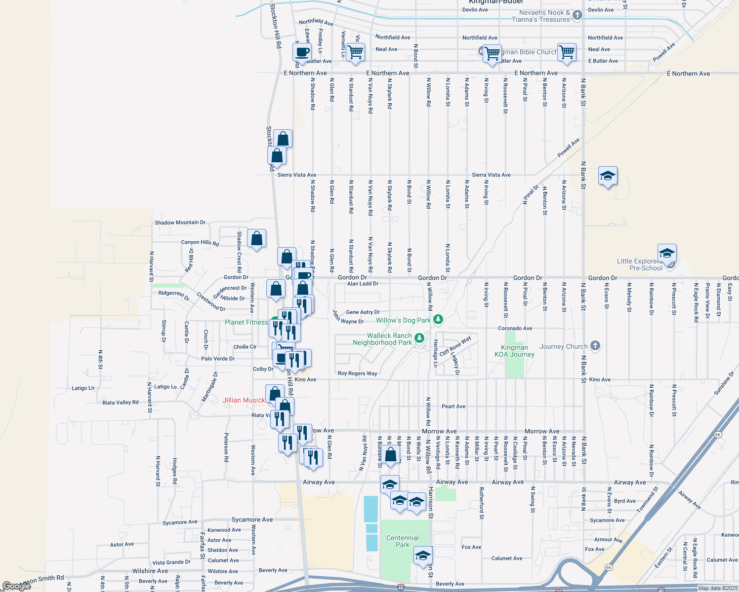 map of restaurants, bars, coffee shops, grocery stores, and more near 2048 Robert Mitchum Drive in Kingman