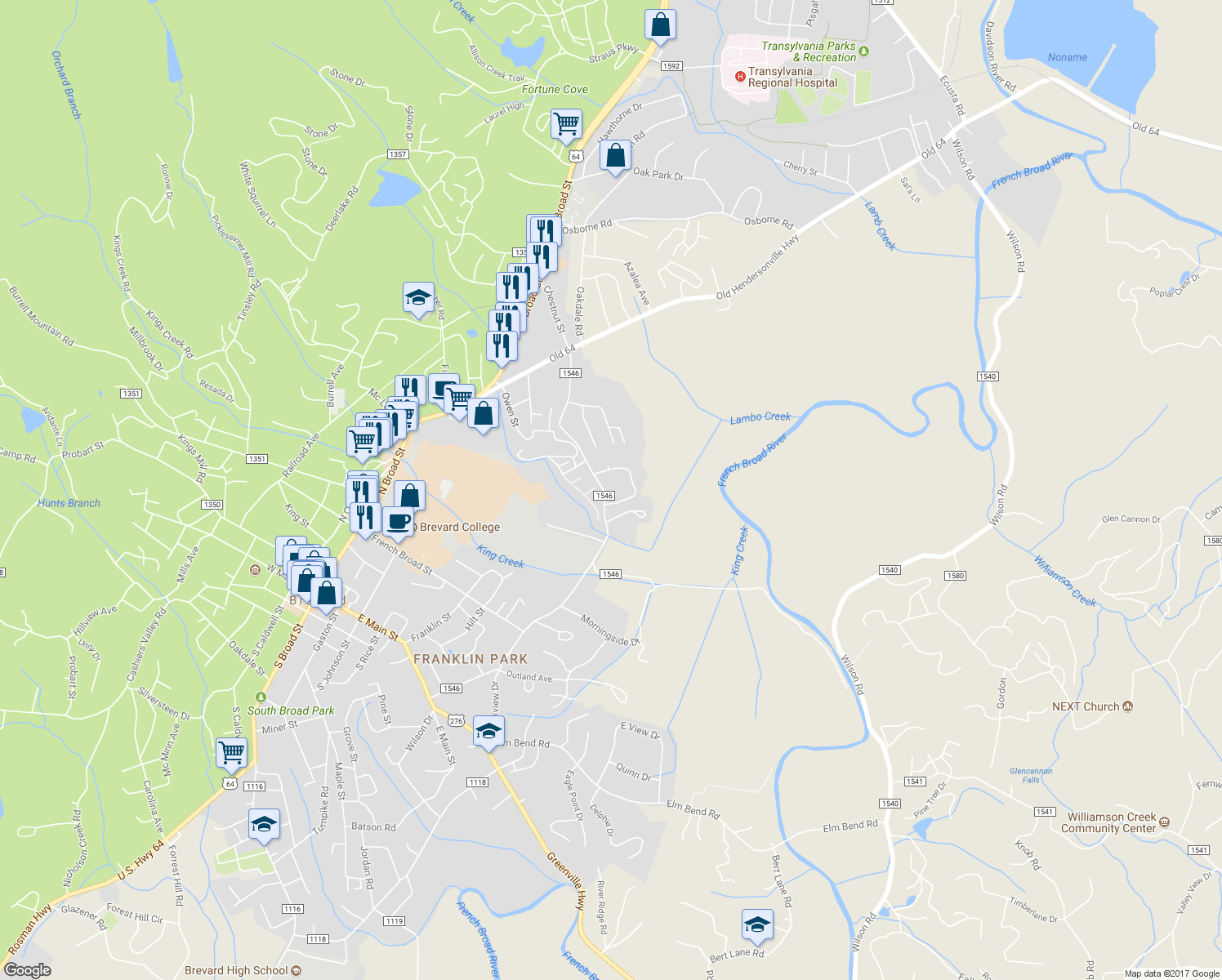 map of restaurants, bars, coffee shops, grocery stores, and more near 719 Neely Road in Brevard