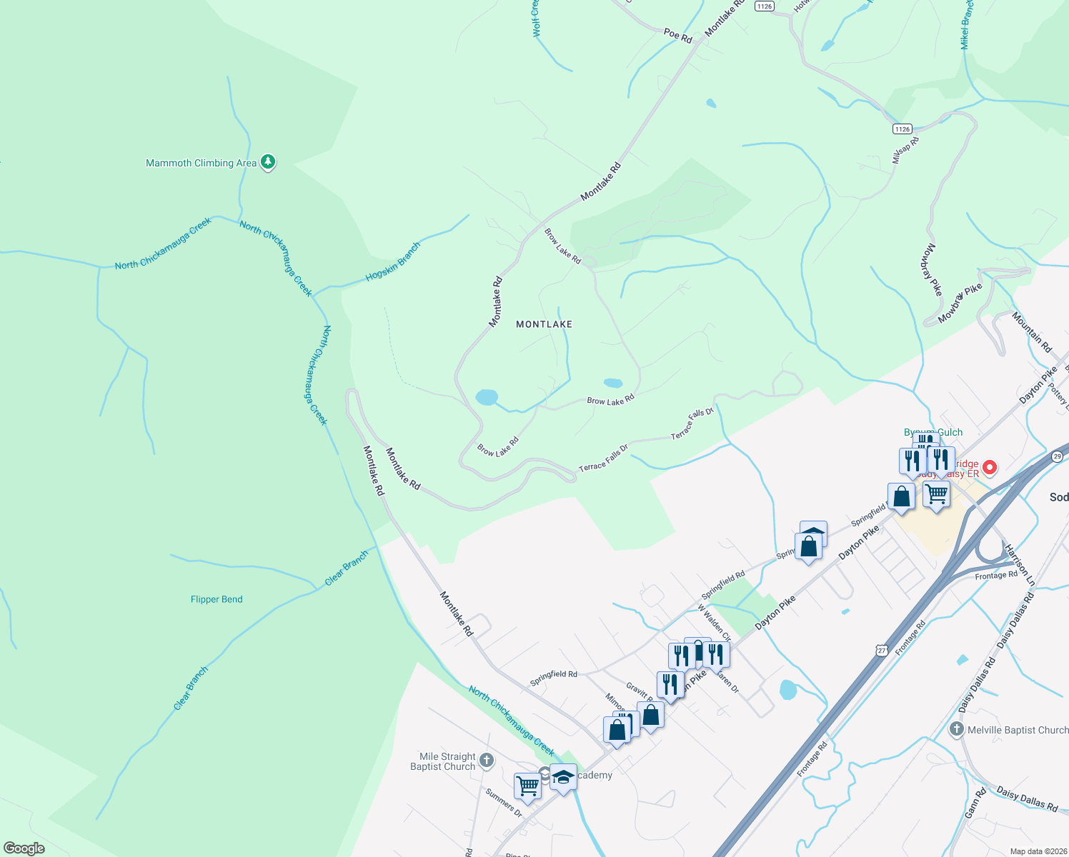 map of restaurants, bars, coffee shops, grocery stores, and more near 8628 Brow Lake Road in Soddy-Daisy