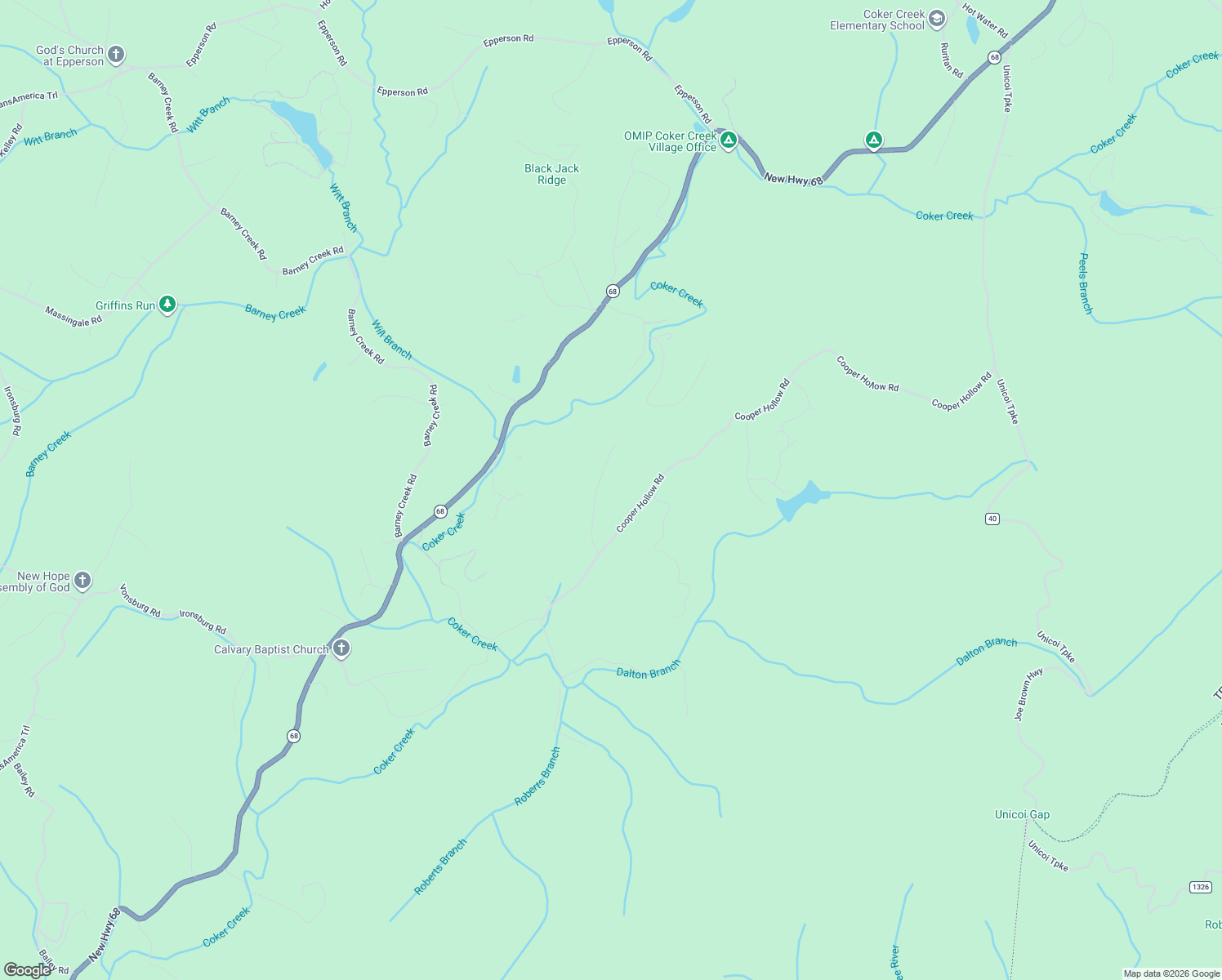 map of restaurants, bars, coffee shops, grocery stores, and more near 505 Cooper Hollow Road in Tellico Plains