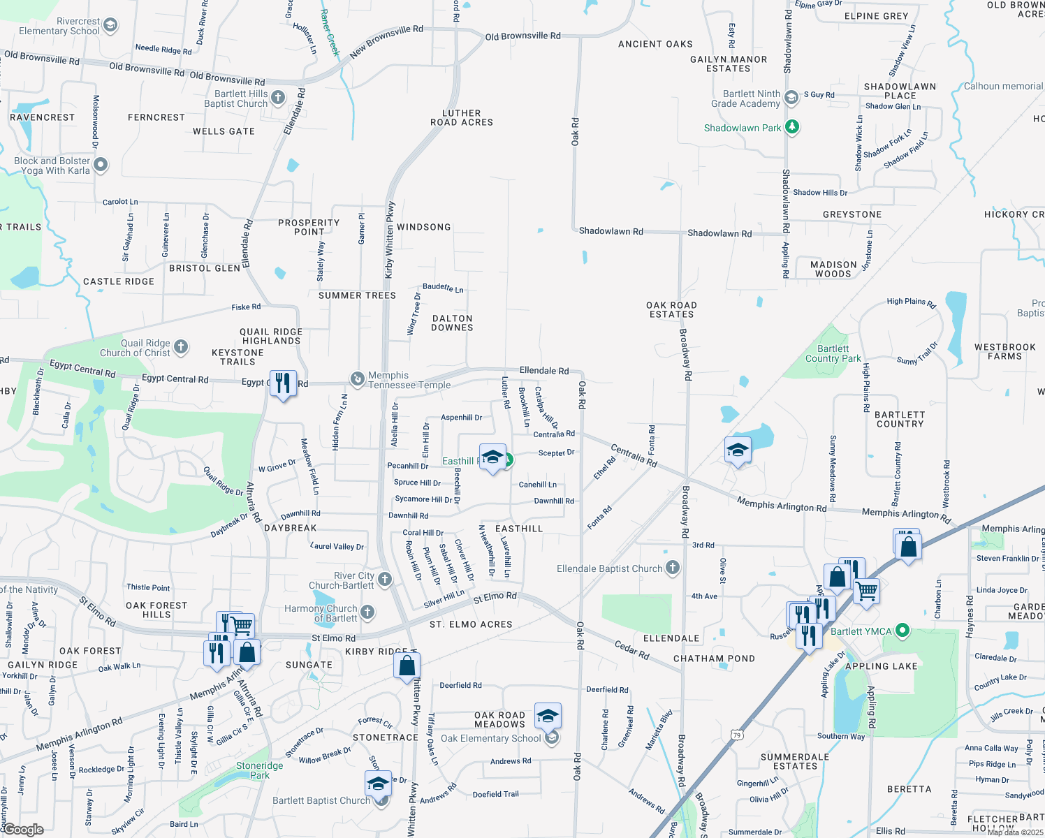 map of restaurants, bars, coffee shops, grocery stores, and more near 4163 Brookhill Lane in Memphis
