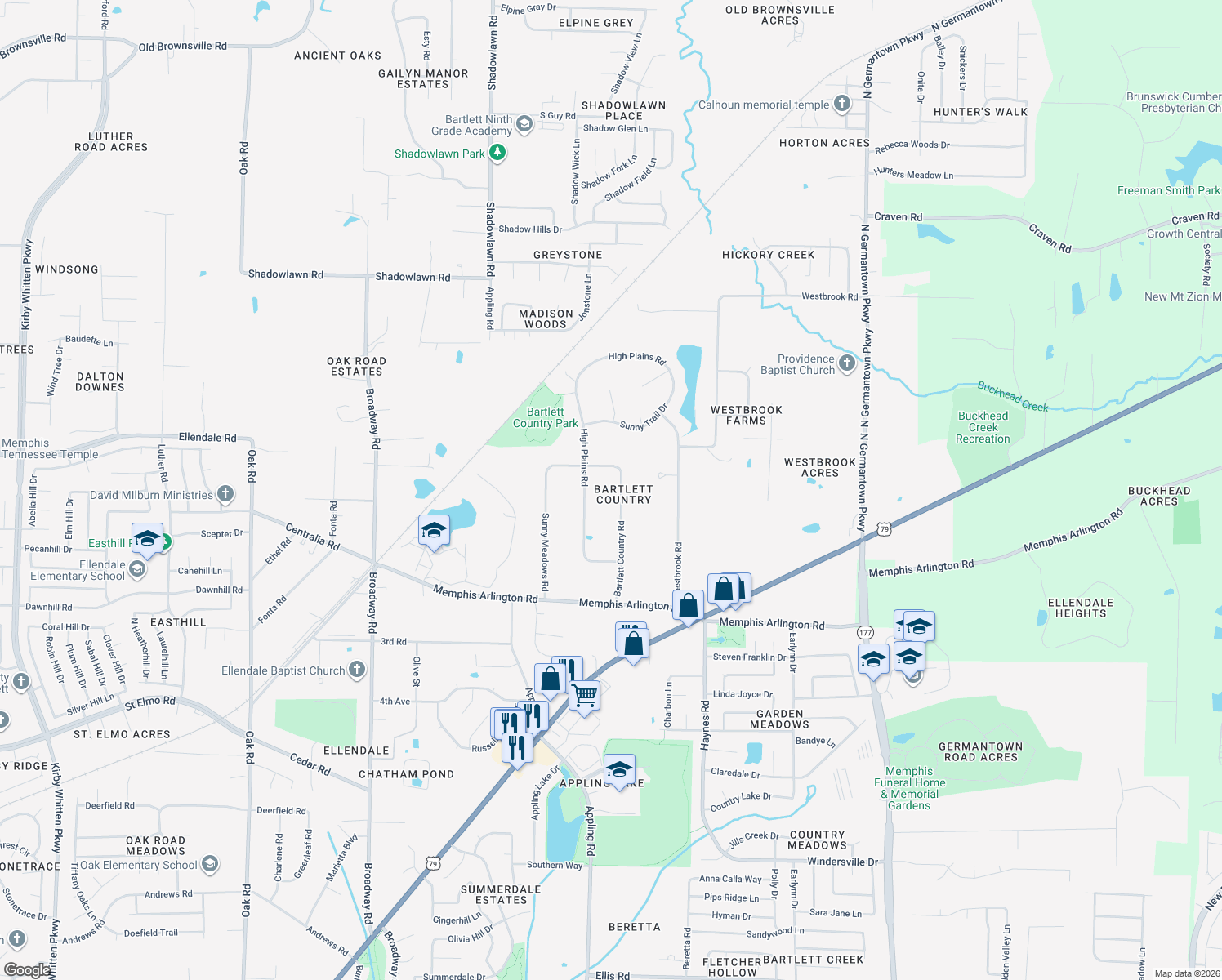 map of restaurants, bars, coffee shops, grocery stores, and more near 4167 Bartlett Country Road in Memphis