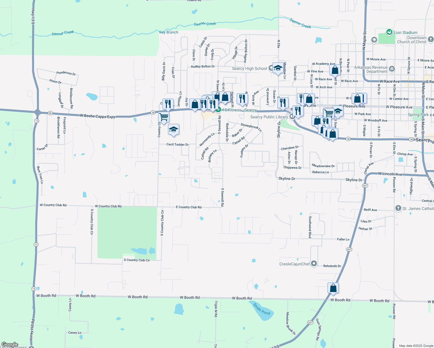 map of restaurants, bars, coffee shops, grocery stores, and more near 2309 Lorraine Cir in Searcy