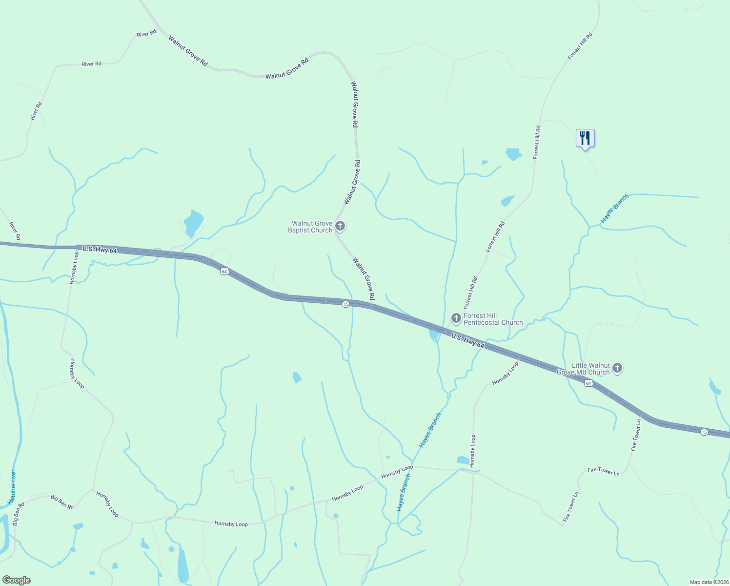 map of restaurants, bars, coffee shops, grocery stores, and more near 65 Walnut Grove Road in Bolivar