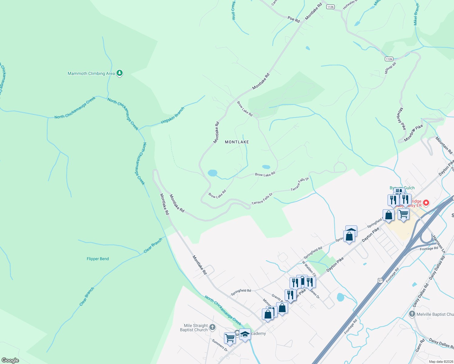 map of restaurants, bars, coffee shops, grocery stores, and more near 8628 Brow Lake Road in Soddy-Daisy