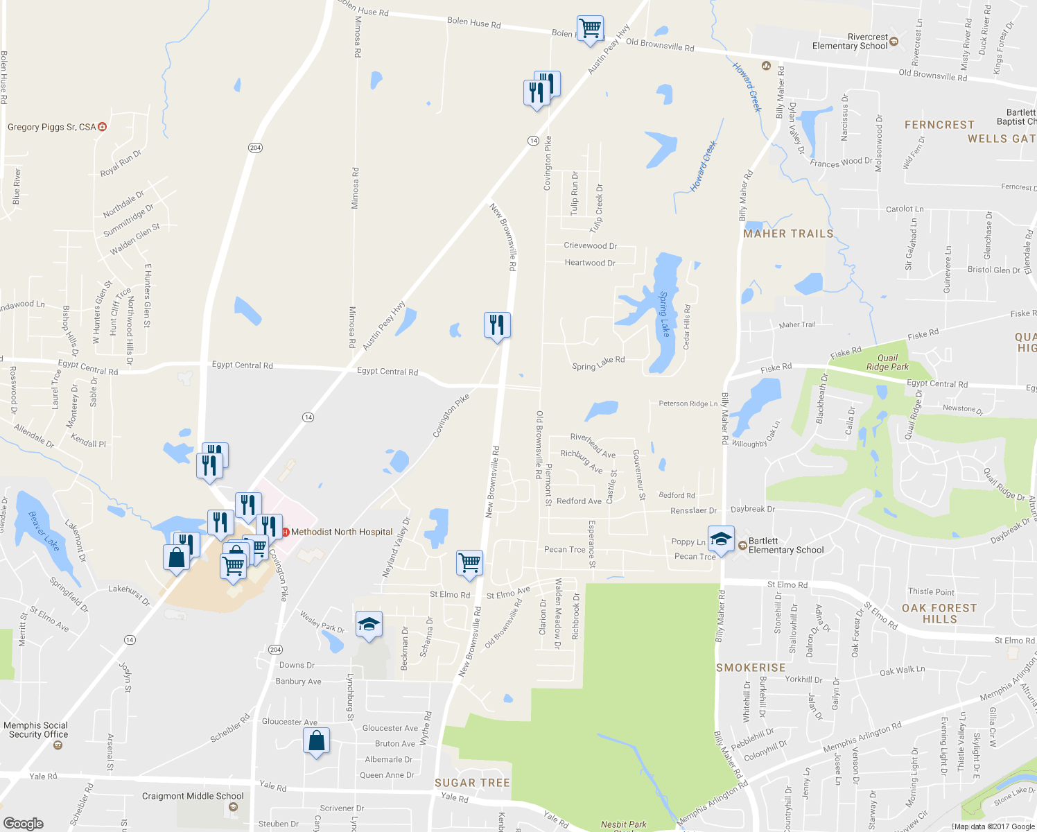 map of restaurants, bars, coffee shops, grocery stores, and more near 4181 Old Brownsville Road in Memphis