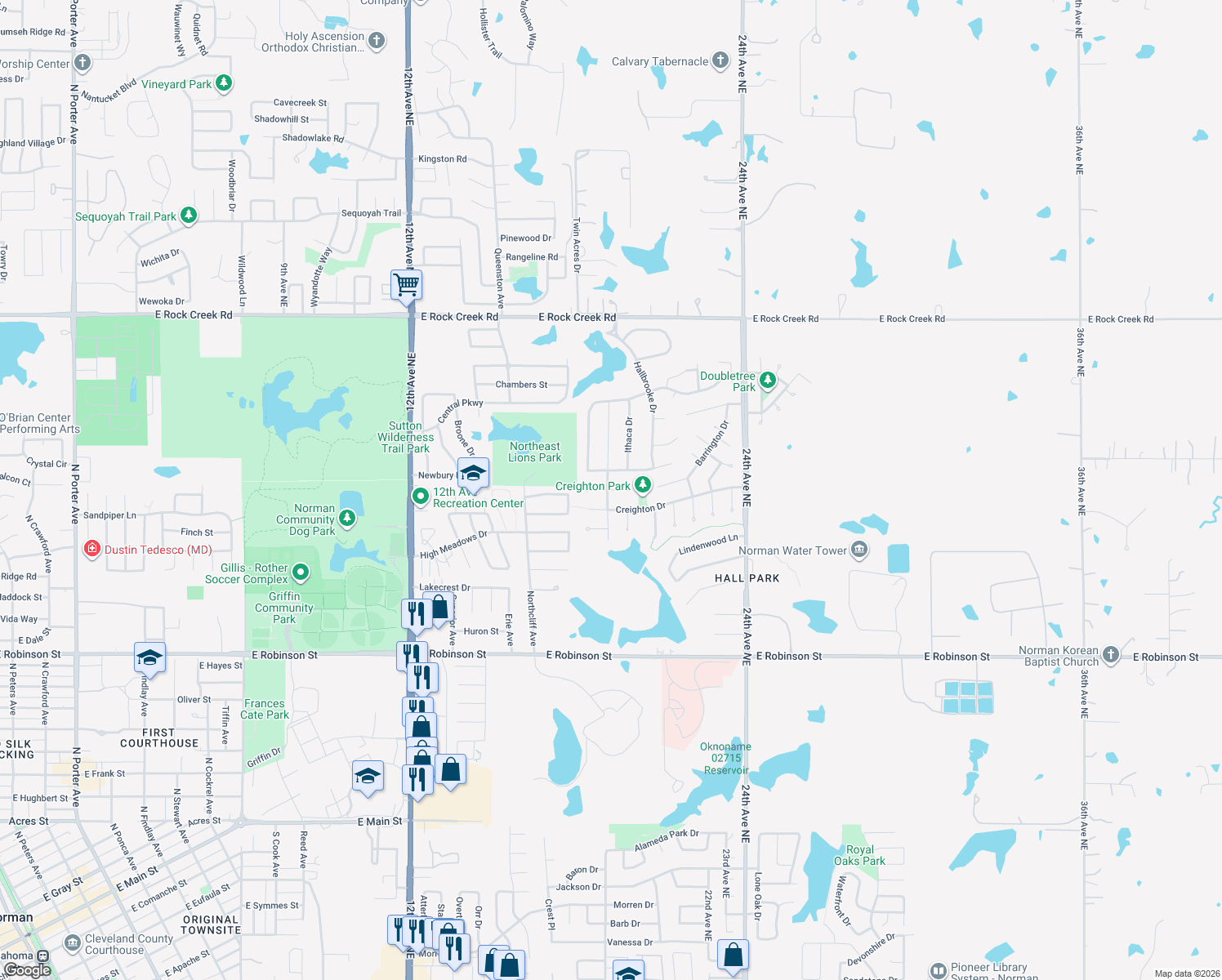 map of restaurants, bars, coffee shops, grocery stores, and more near 1902 Bowling Green Place in Norman