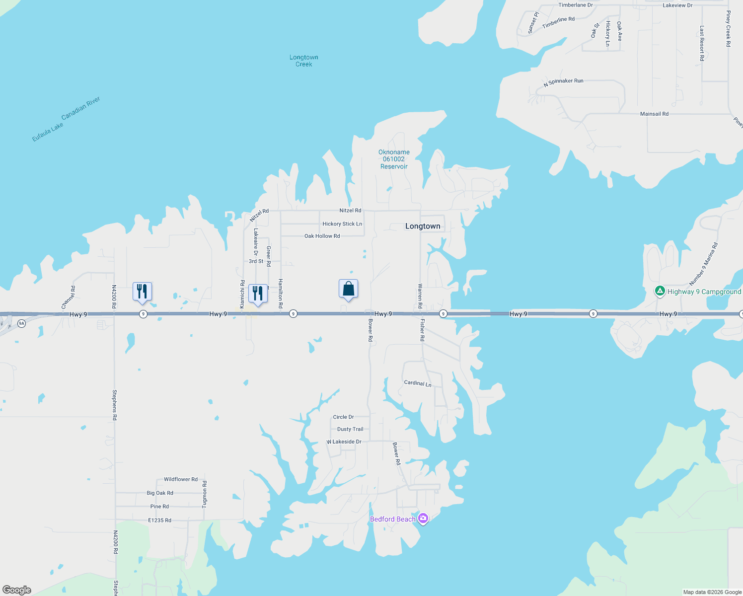 map of restaurants, bars, coffee shops, grocery stores, and more near N4213 Rd in Longtown