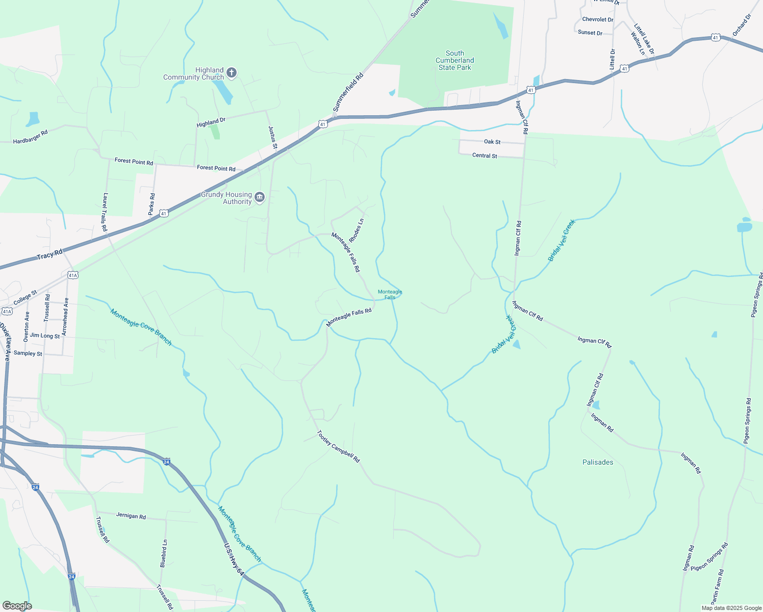 map of restaurants, bars, coffee shops, grocery stores, and more near 540 Monteagle Falls Road in Monteagle