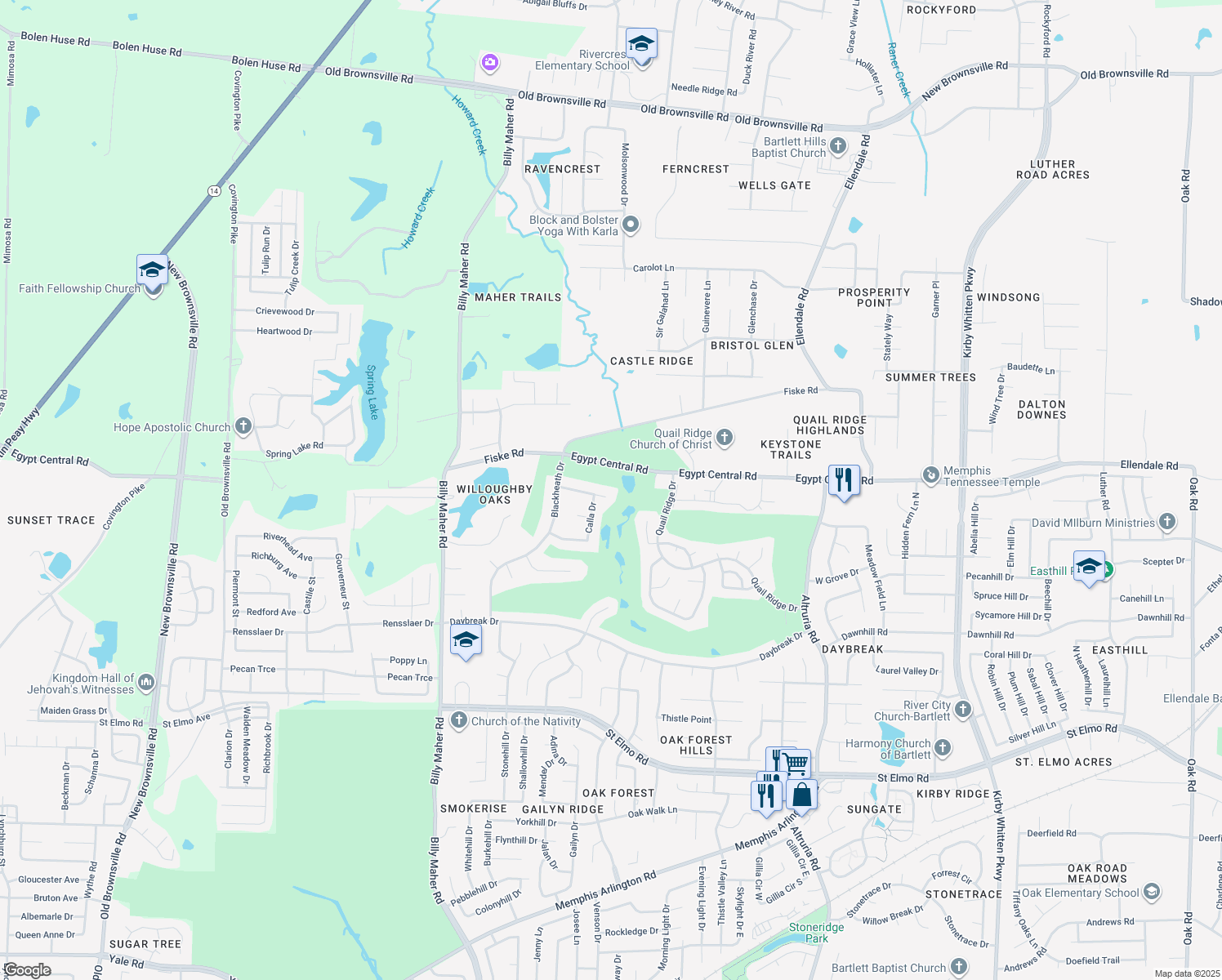 map of restaurants, bars, coffee shops, grocery stores, and more near 6210 Dana Cheryl Lane in Bartlett