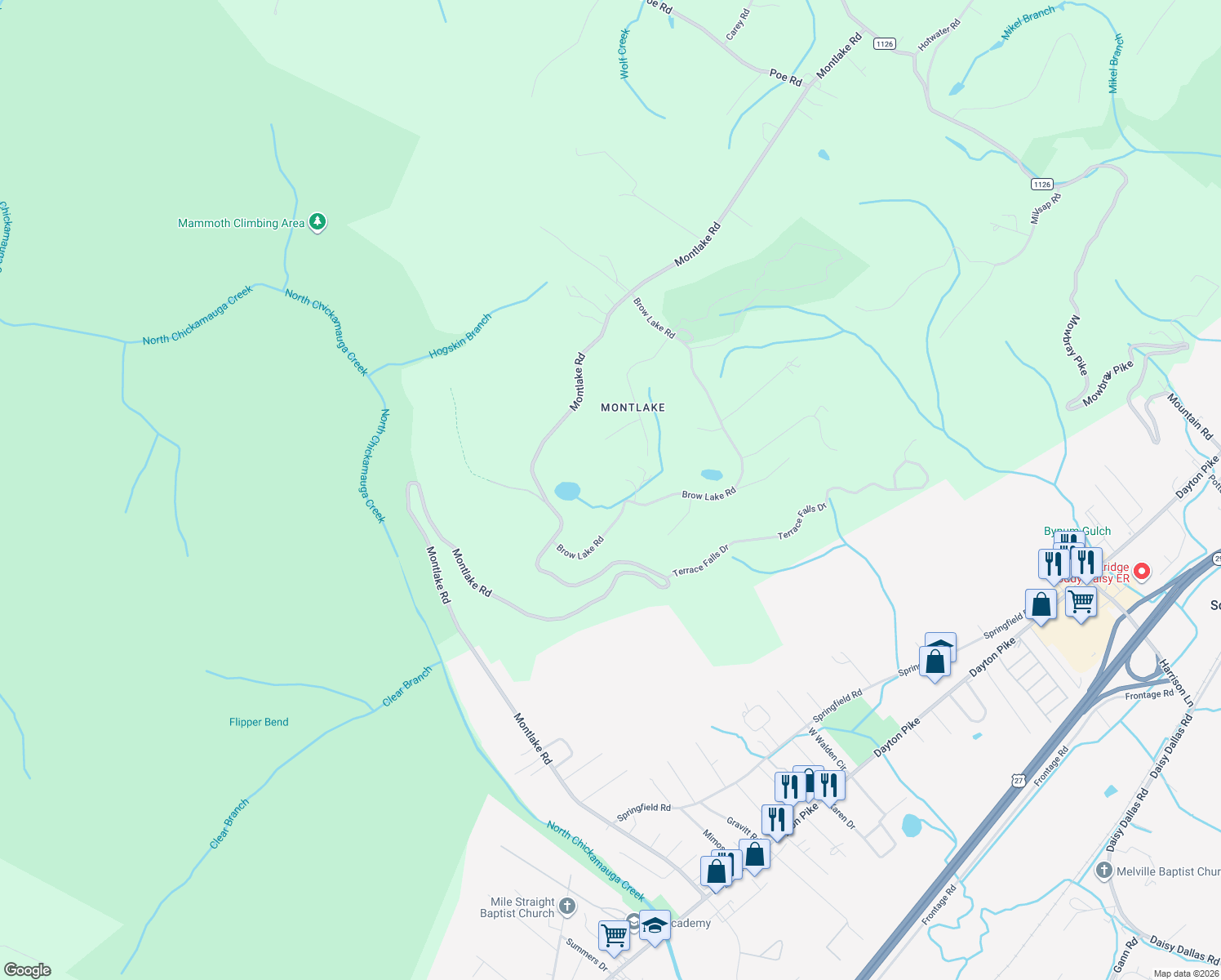 map of restaurants, bars, coffee shops, grocery stores, and more near 8705 Brow Lake Road in Soddy-Daisy