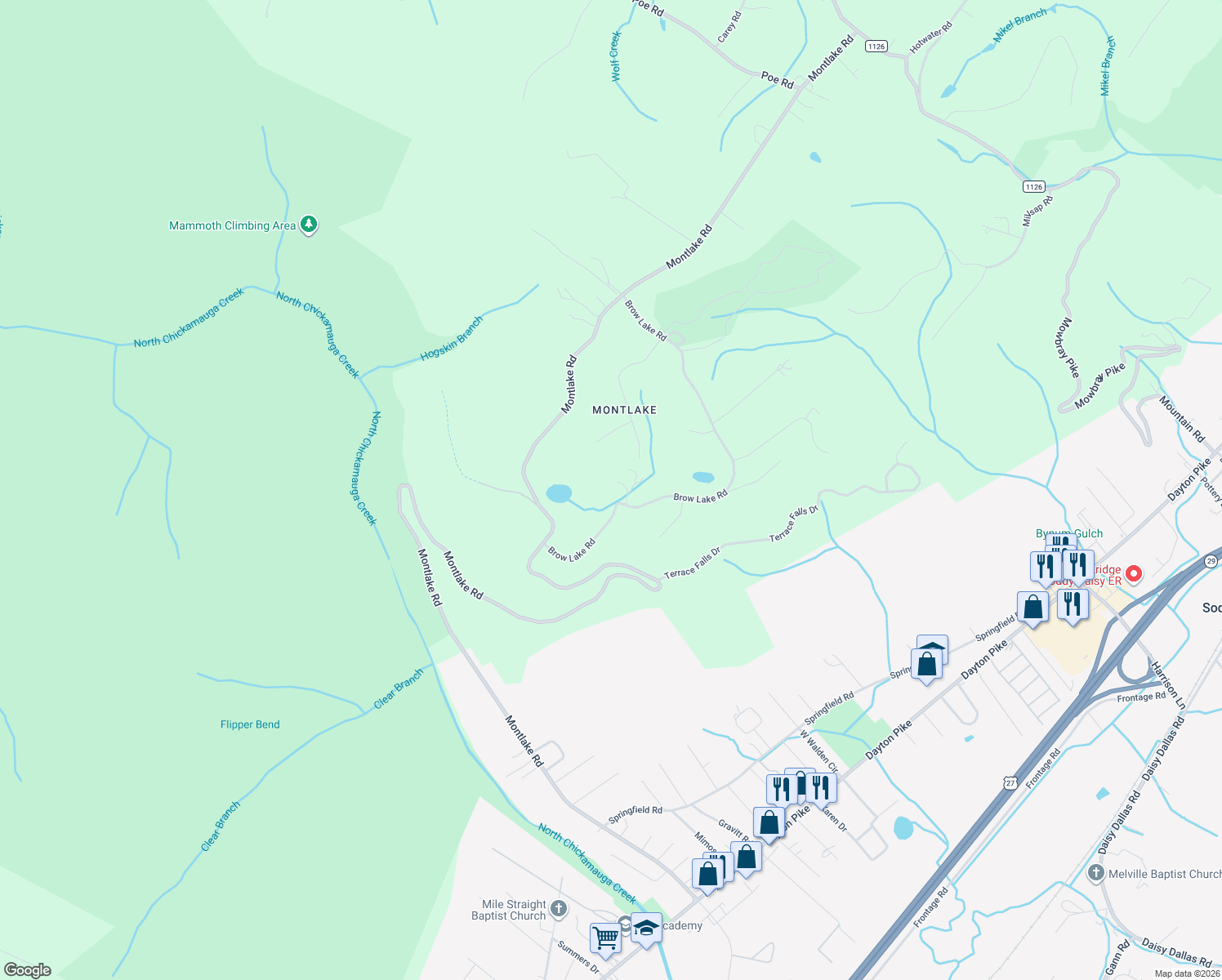 map of restaurants, bars, coffee shops, grocery stores, and more near 8705 Brow Lake Road in Soddy-Daisy