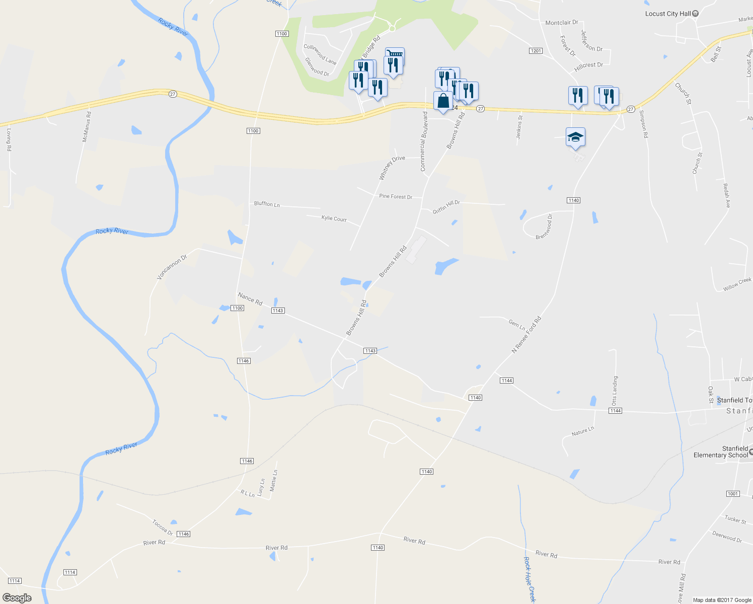 map of restaurants, bars, coffee shops, grocery stores, and more near 543 Browns Hill Road in Locust