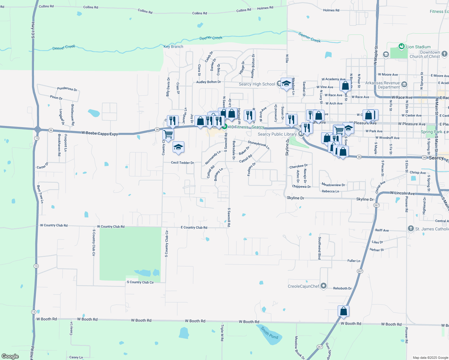 map of restaurants, bars, coffee shops, grocery stores, and more near 2311 Orleans Place in Searcy