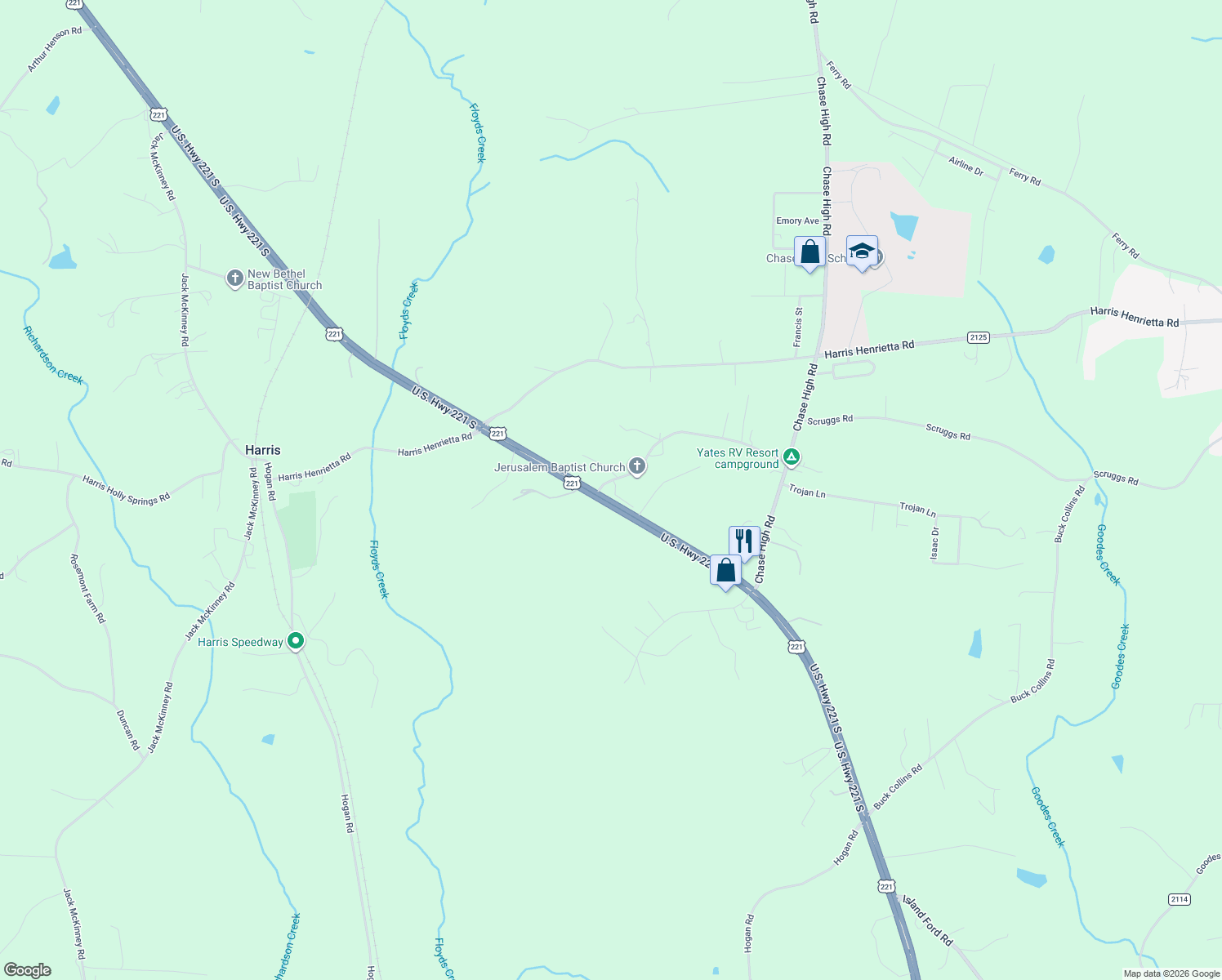 map of restaurants, bars, coffee shops, grocery stores, and more near 5043 U.S. 221 in Forest City