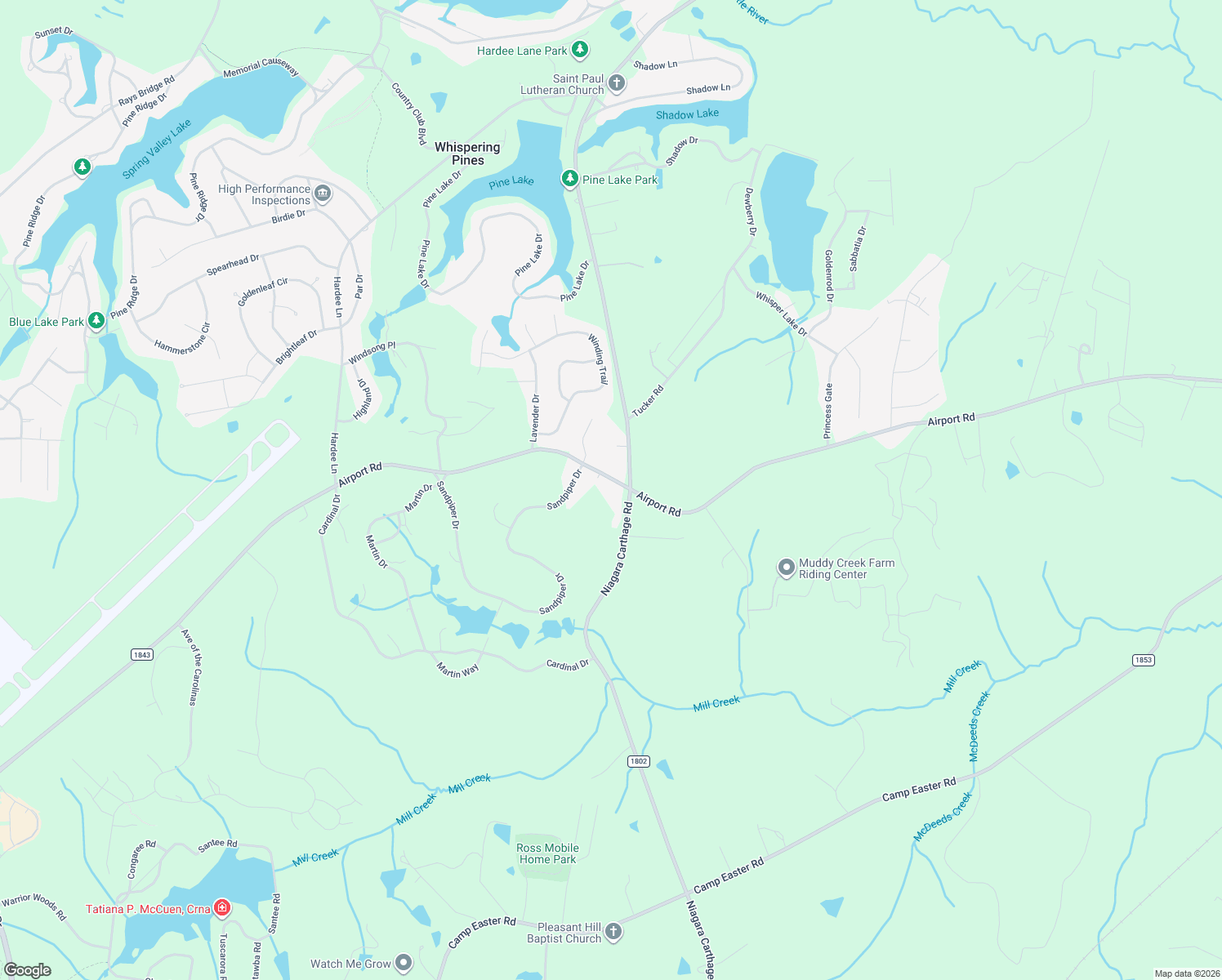 map of restaurants, bars, coffee shops, grocery stores, and more near 1779 Airport Road in Whispering Pines