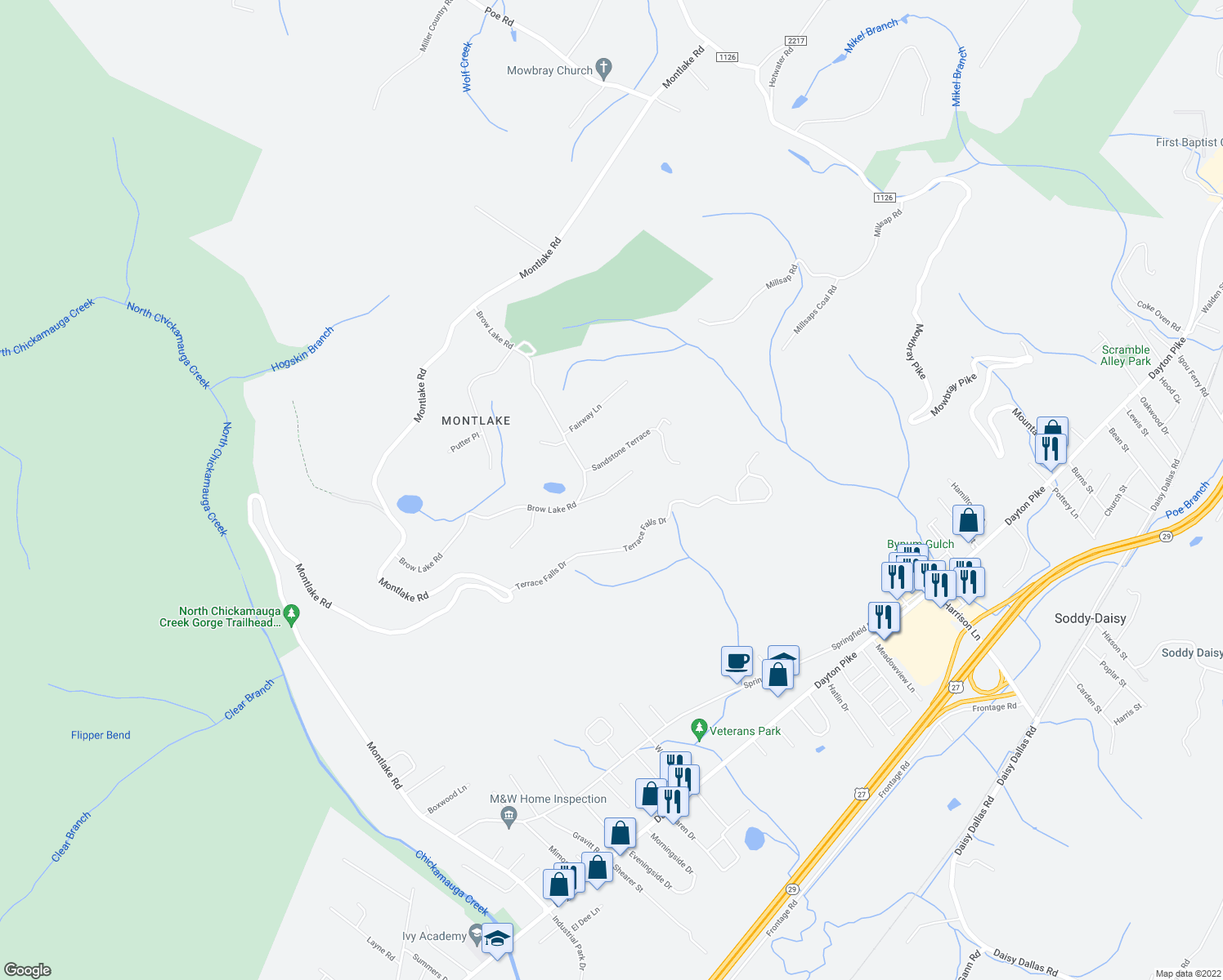 map of restaurants, bars, coffee shops, grocery stores, and more near 8914 Winding Bluff Road in Soddy-Daisy