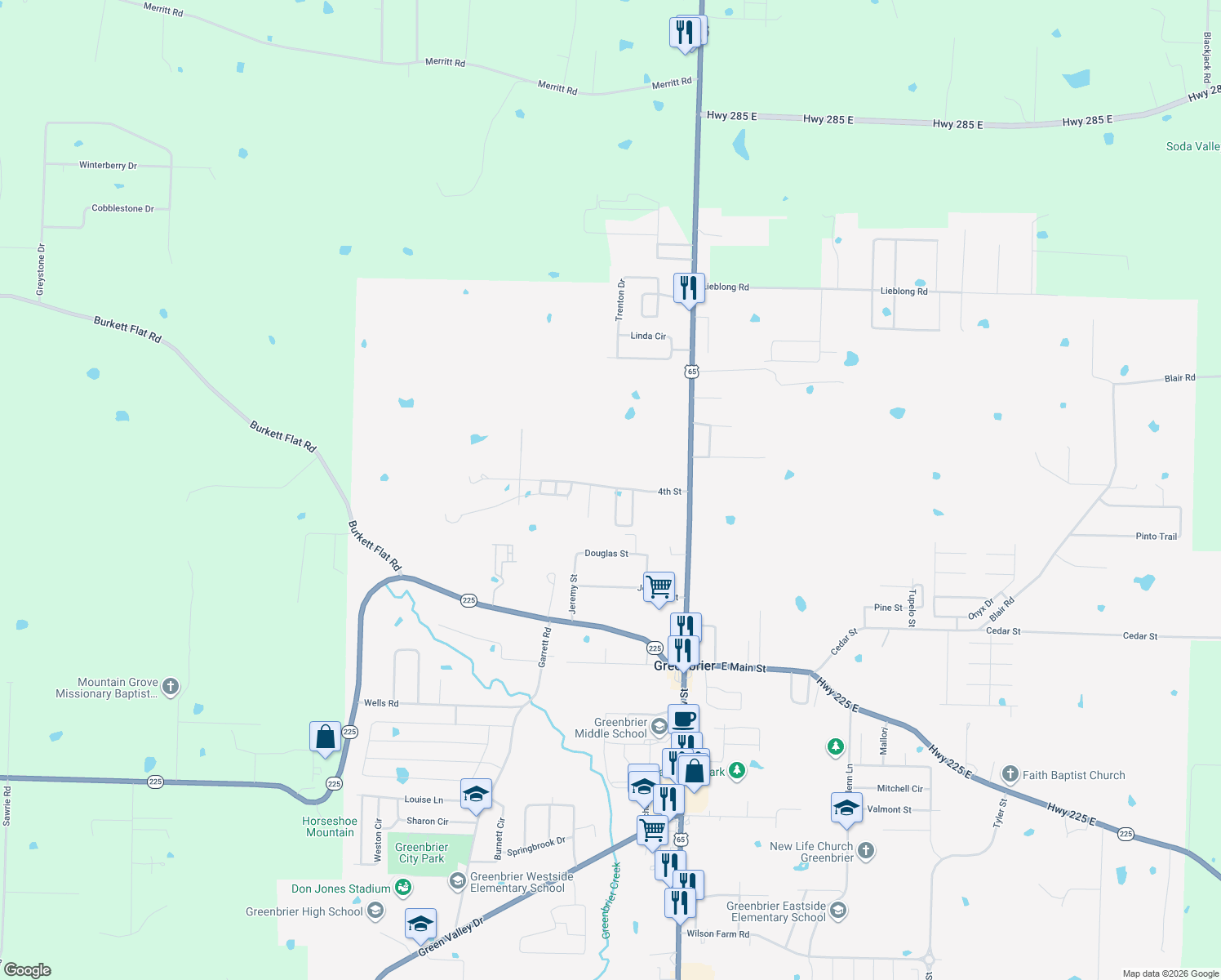 map of restaurants, bars, coffee shops, grocery stores, and more near 15-01 4th Street in Greenbrier