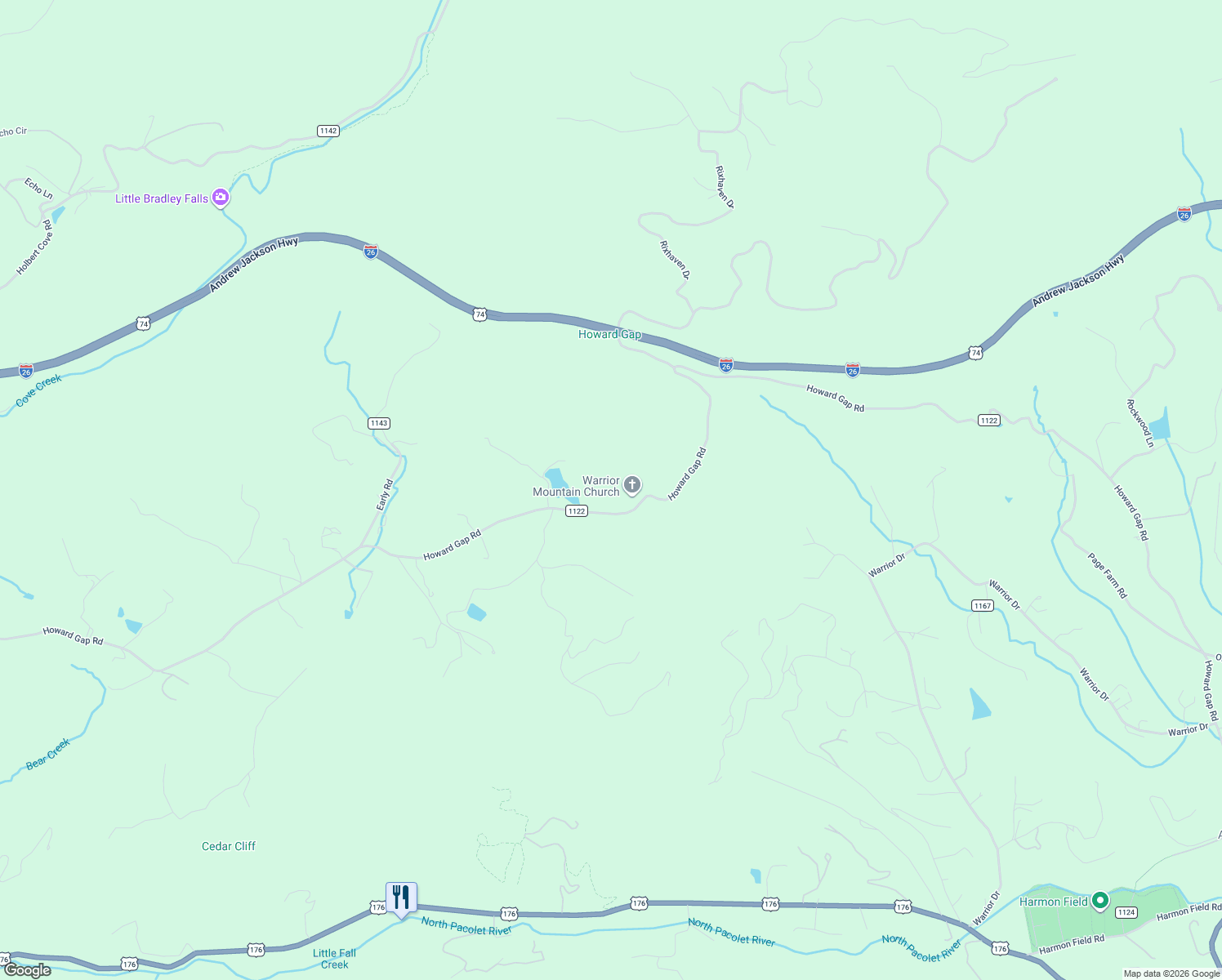 map of restaurants, bars, coffee shops, grocery stores, and more near 3618 Howard Gap Road in Saluda