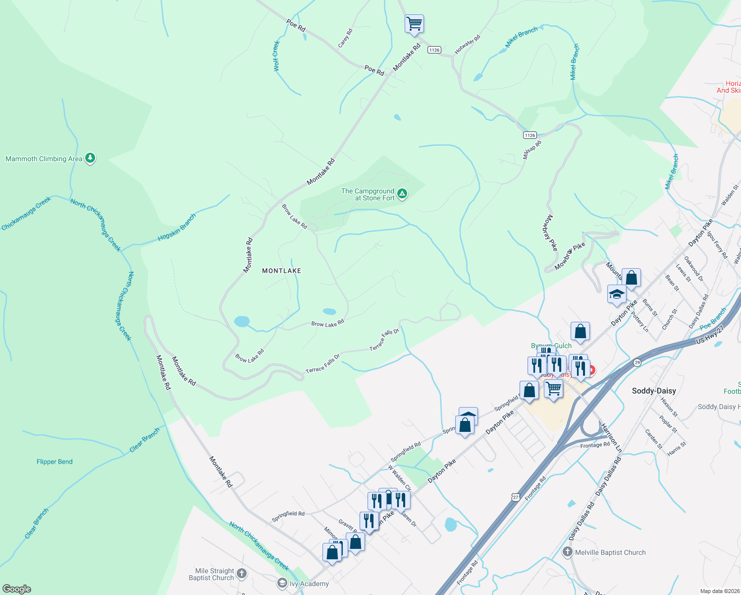 map of restaurants, bars, coffee shops, grocery stores, and more near 919 Sandstone Terrace in Soddy-Daisy