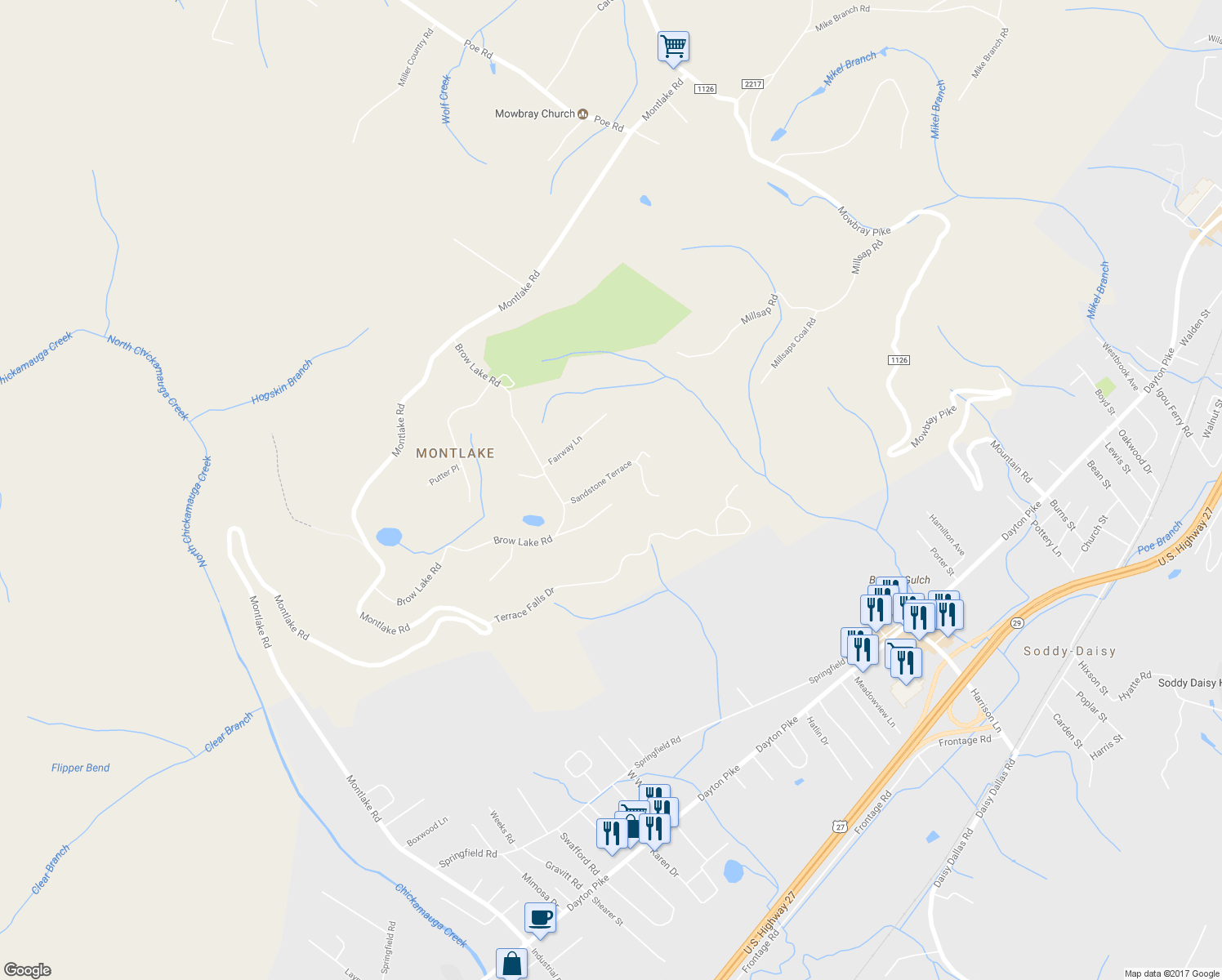 map of restaurants, bars, coffee shops, grocery stores, and more near 919 Sandstone Terrace in Soddy-Daisy