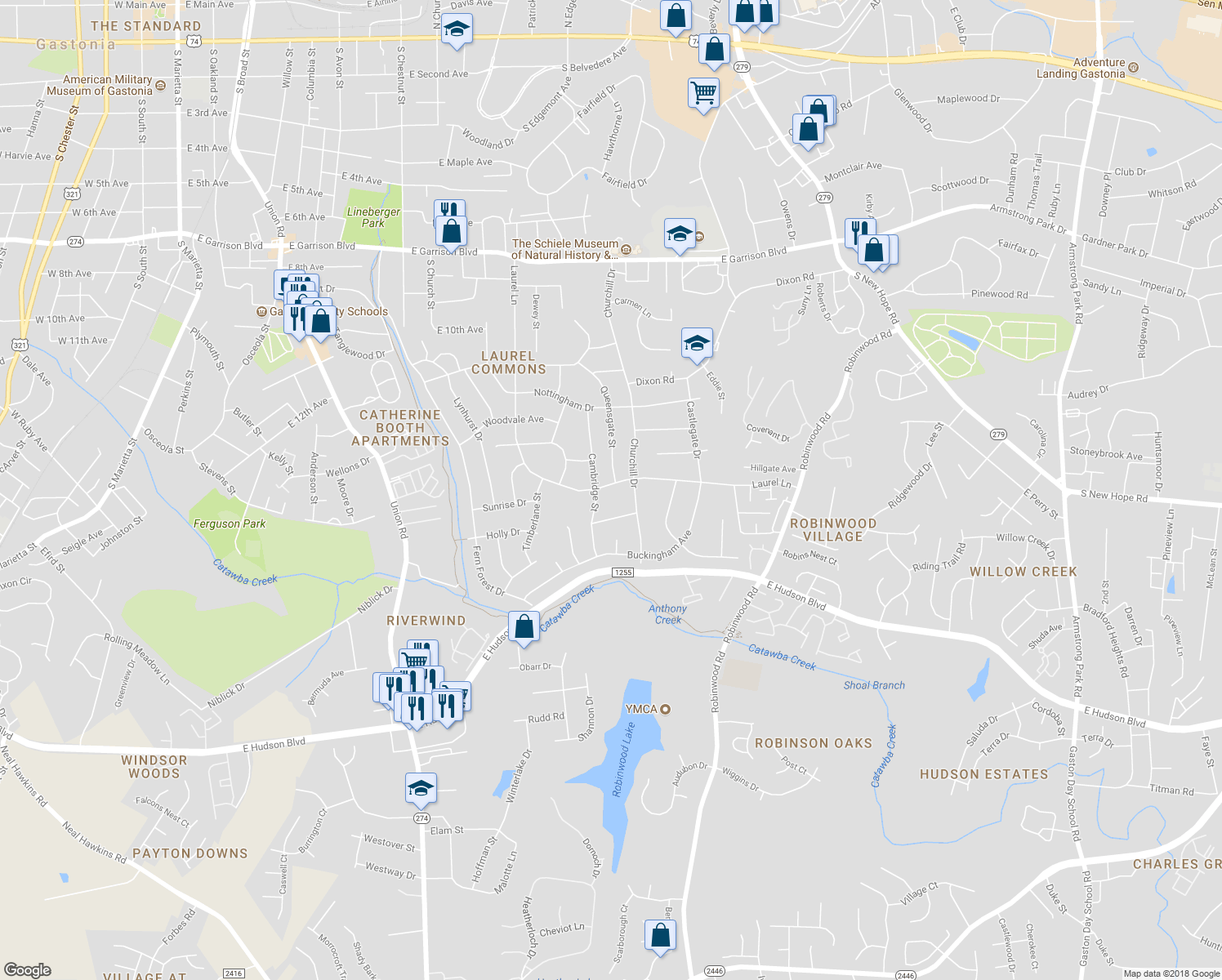 map of restaurants, bars, coffee shops, grocery stores, and more near 1619 Laurel Lane in Gastonia